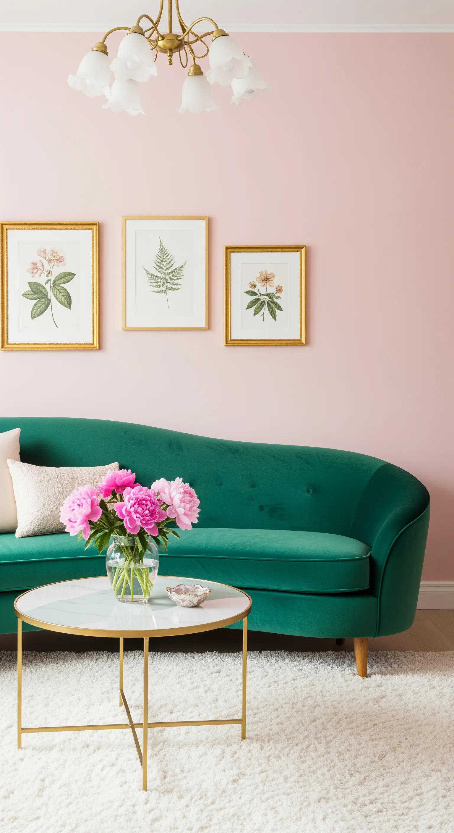 Divano curvo verde smeraldo contro una parete rosa cipria, con tavolino in ottone e stampe botaniche.