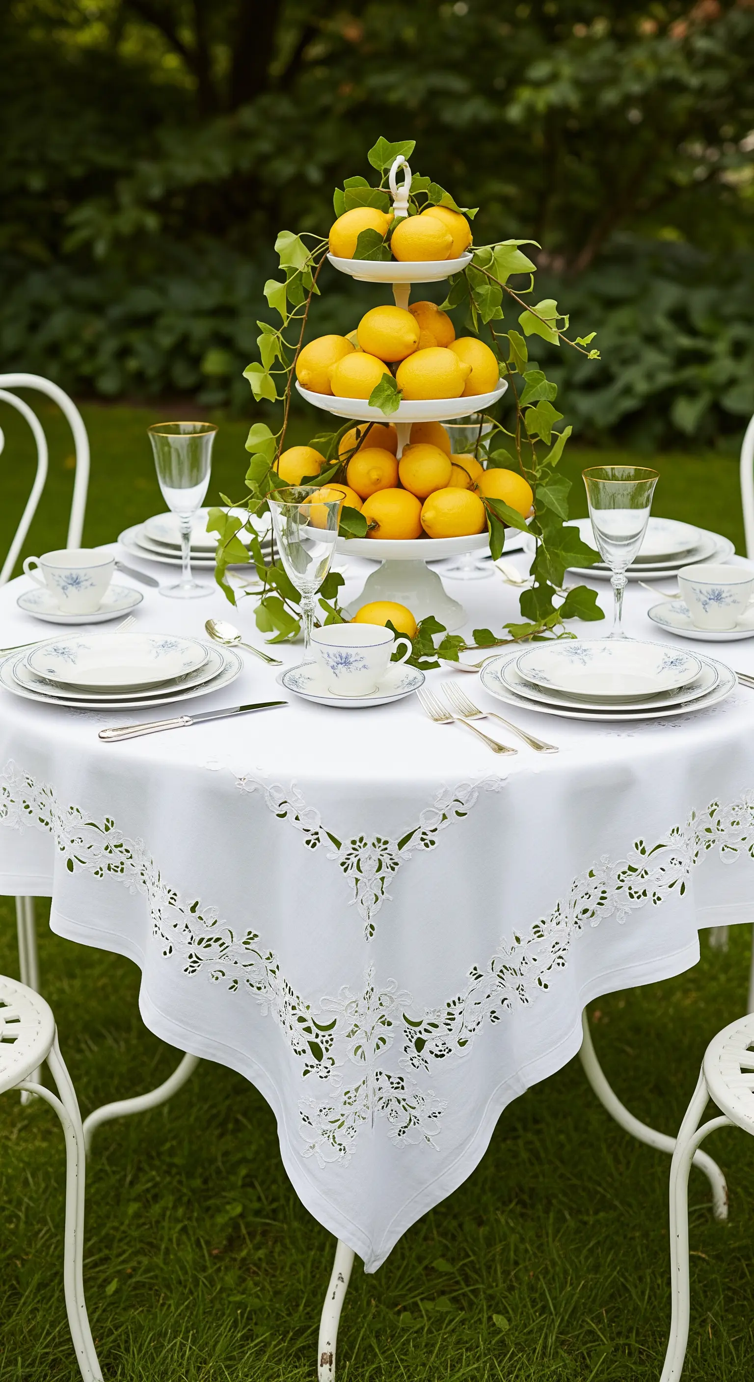 Tavola in giardino con tovaglia ricamata e un'alzata a piani con limoni ed edera.