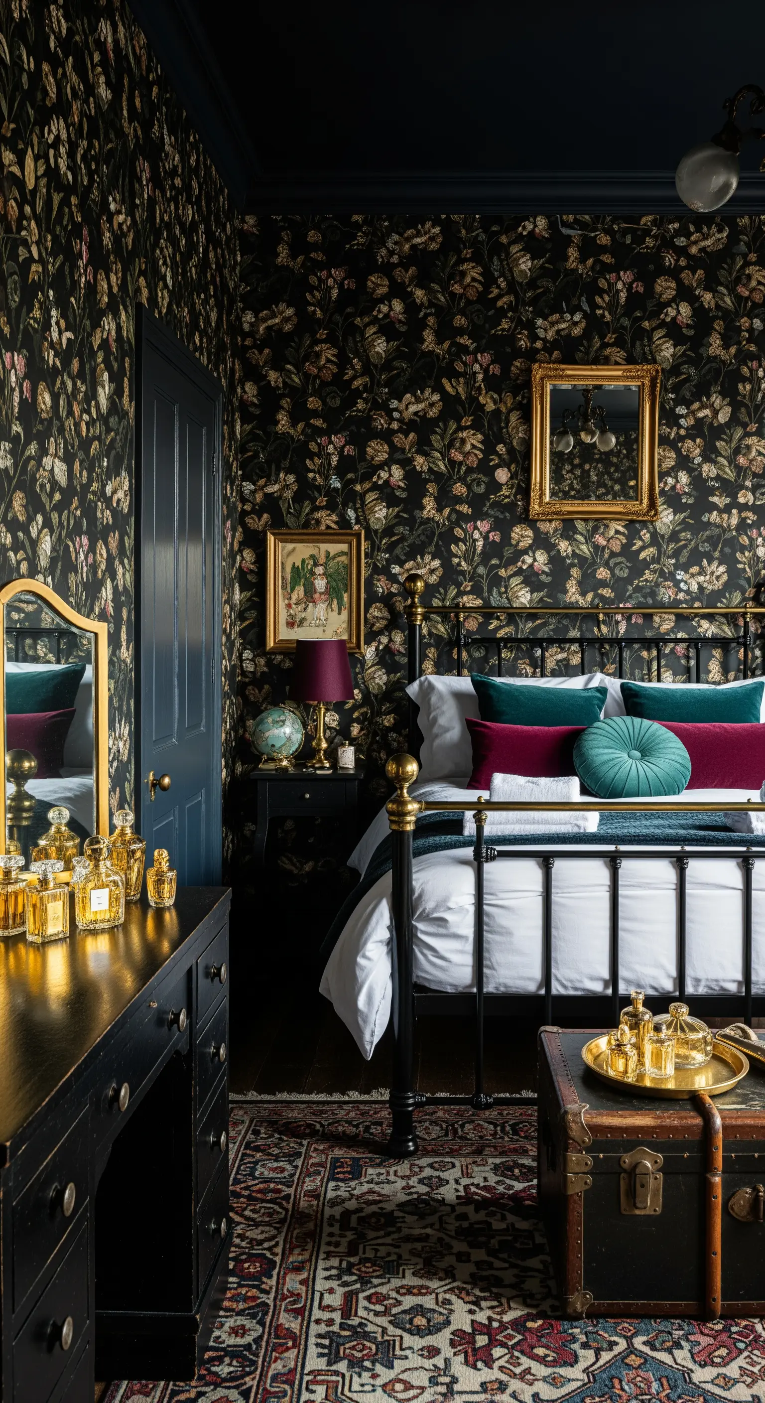 Camera da letto eclettica con carta da parati floreale scura e letto in ferro battuto.