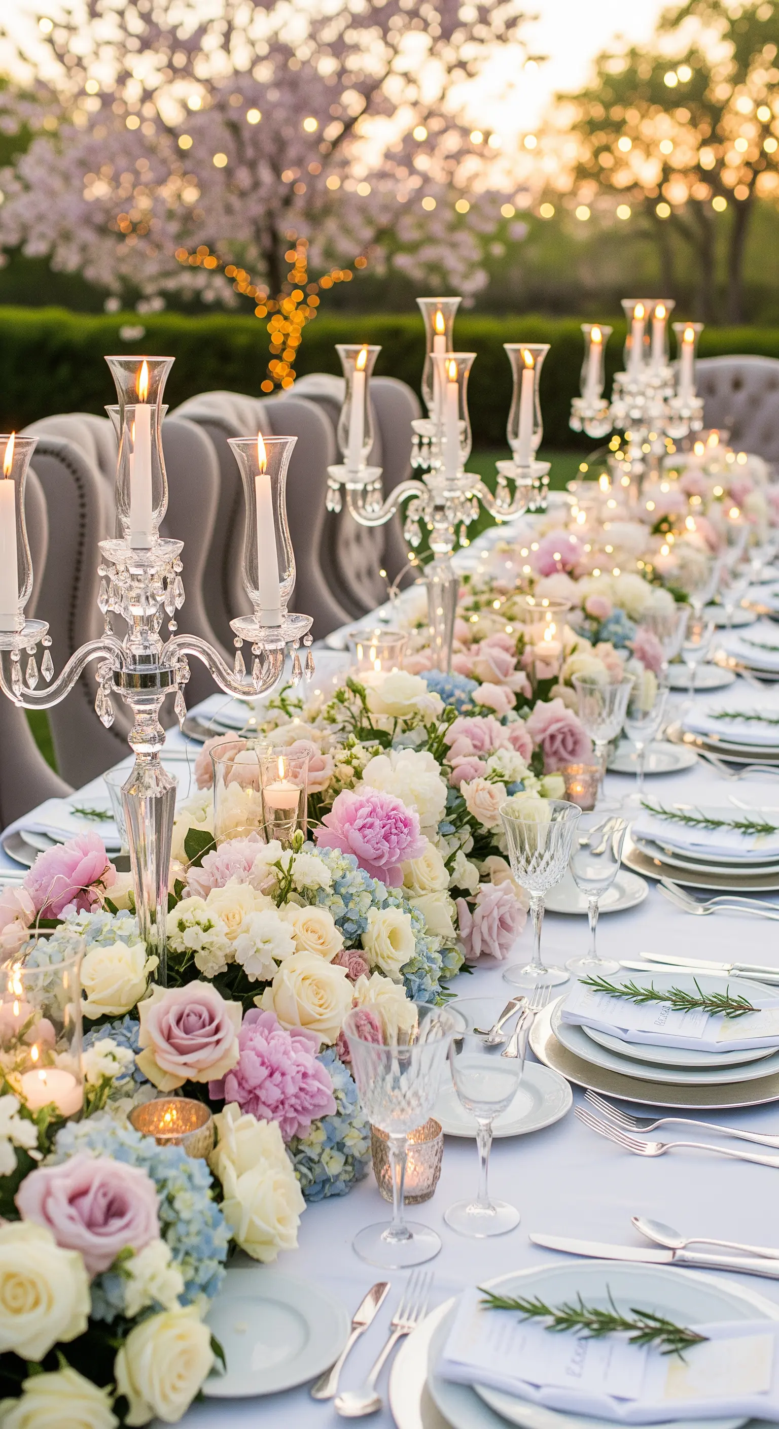 Tavolata elegante con un ricco runner di fiori pastello e alti candelabri in cristallo.