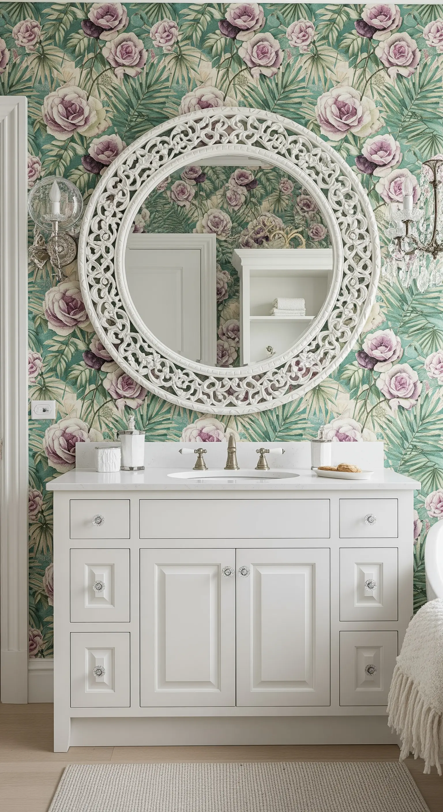 Bagno con carta da parati a rose, mobile bianco classico e specchio con cornice intagliata.