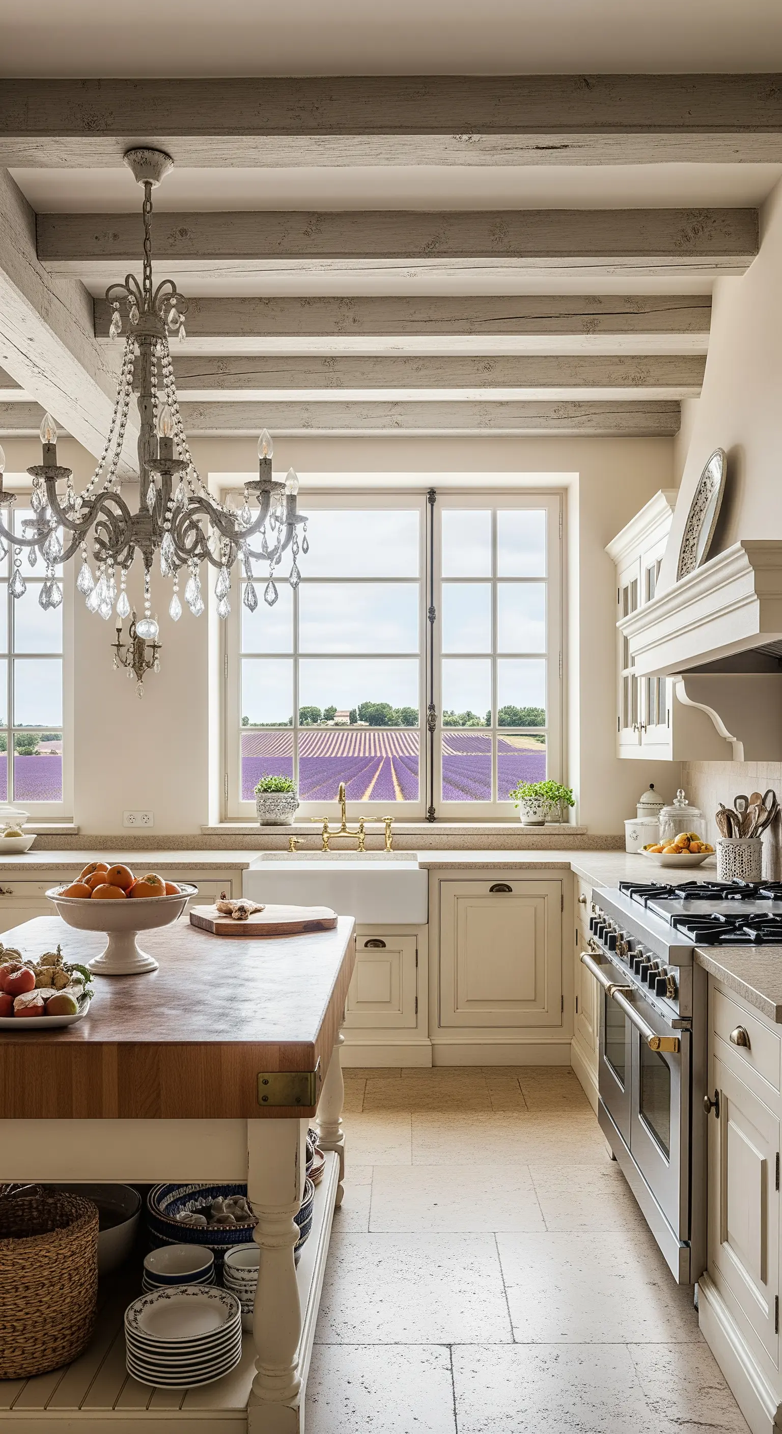 Cucina in stile provenzale con travi a vista, isola in legno e lampadario di cristallo