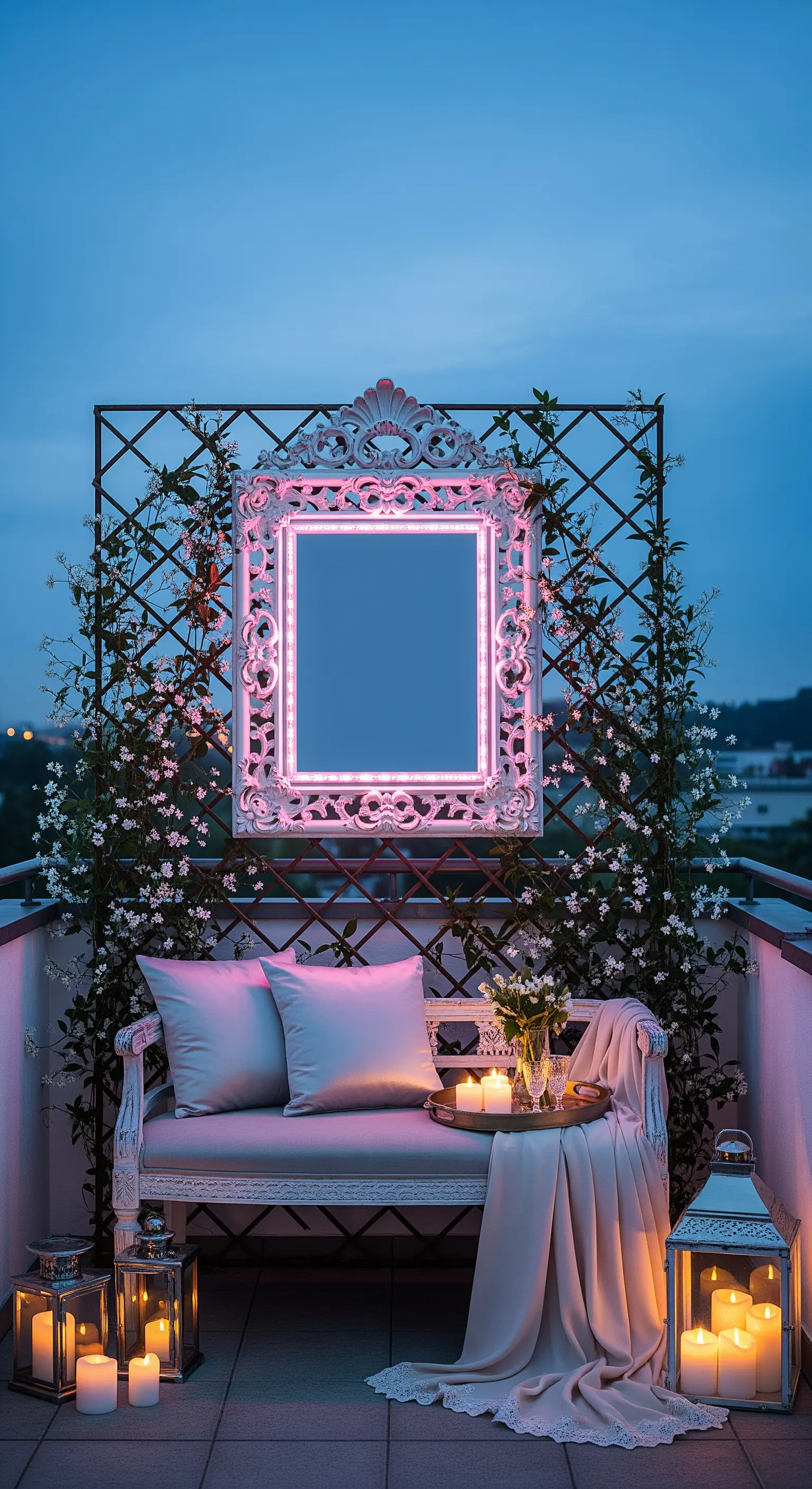 Specchio con cornice barocca illuminato da un neon rosa, posto su un grigliato con piante rampicanti.