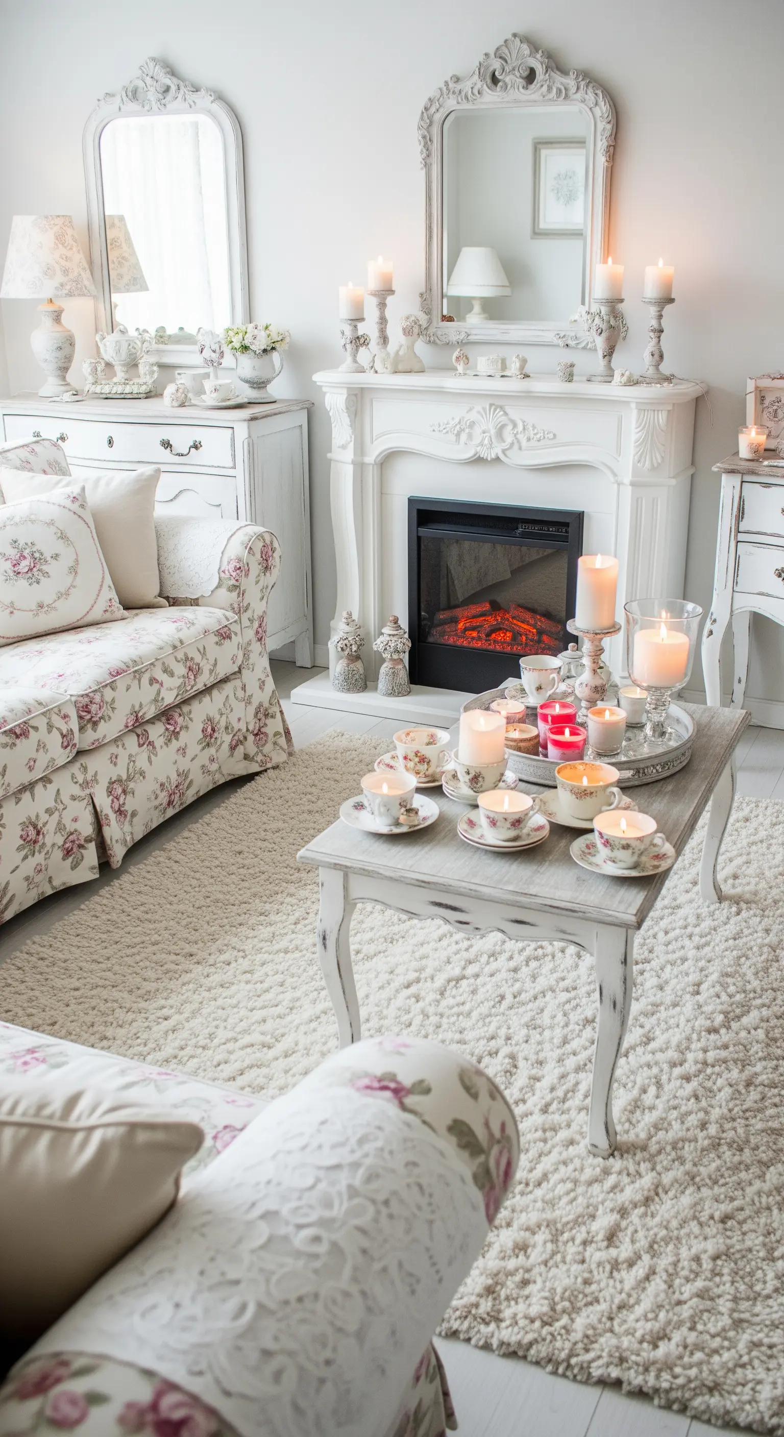 Soggiorno shabby chic con mobili bianchi, tessuti floreali e camino.