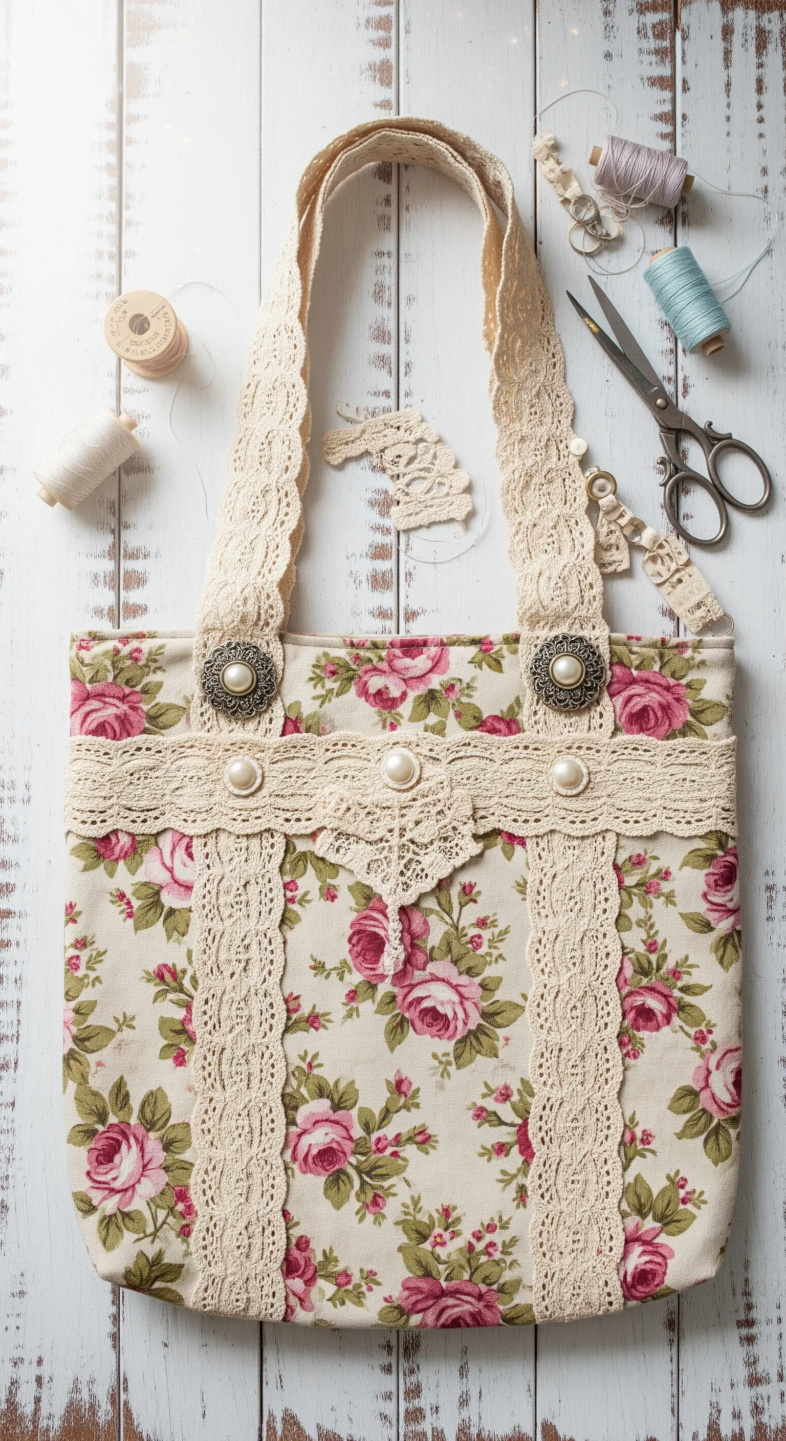 Borsa in tessuto floreale rosa decorata con strisce di pizzo, bottoni vintage e perle.