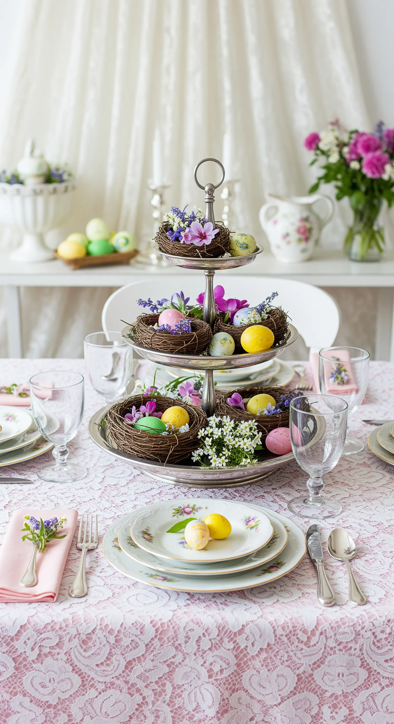 Tavola shabby-chic con tovaglia di pizzo rosa e alzatina d'argento decorata con nidi e uova
