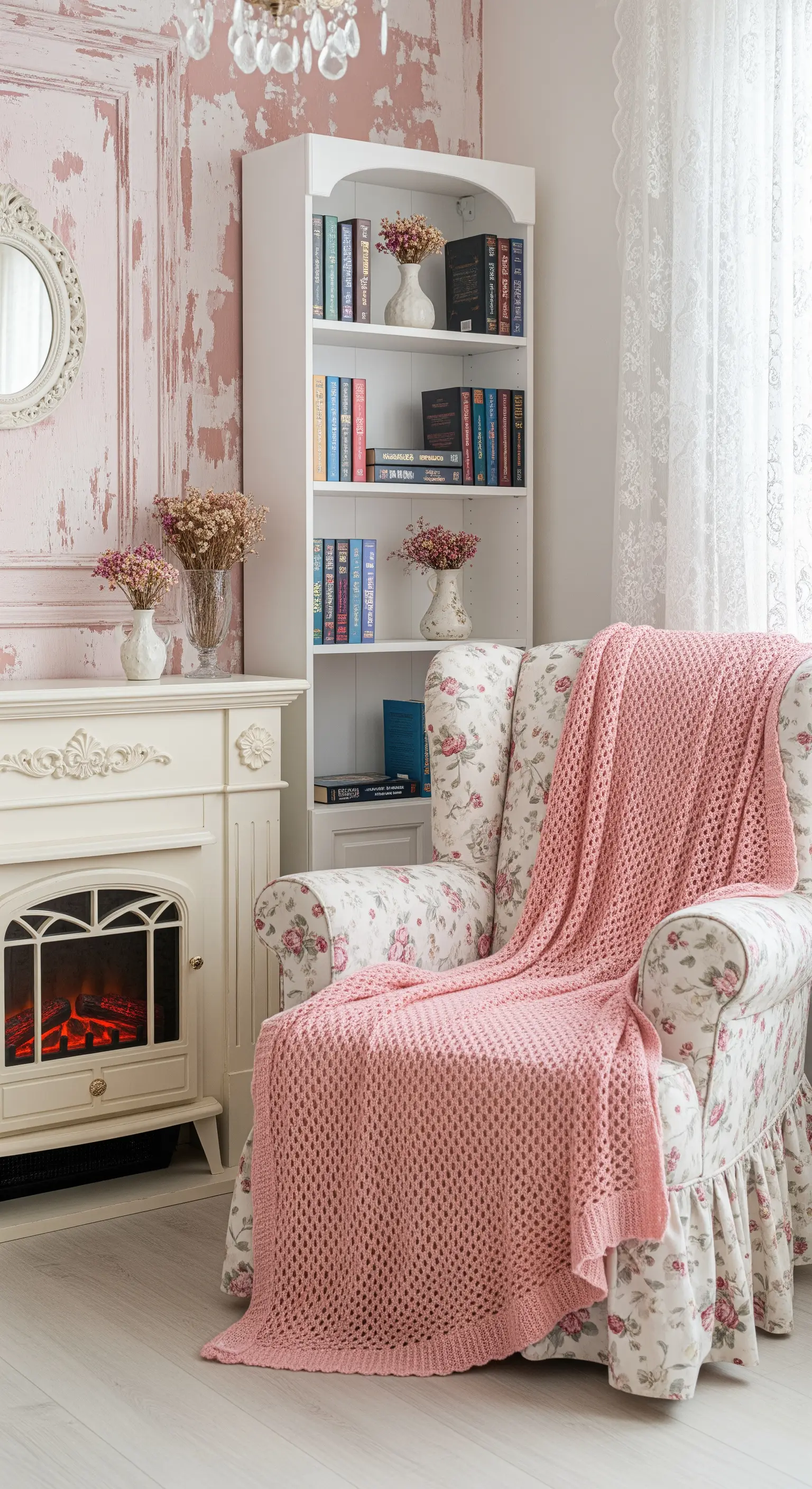 Angolo lettura shabby chic con parete rosa antico, mobili bianchi e poltrona a fiori.