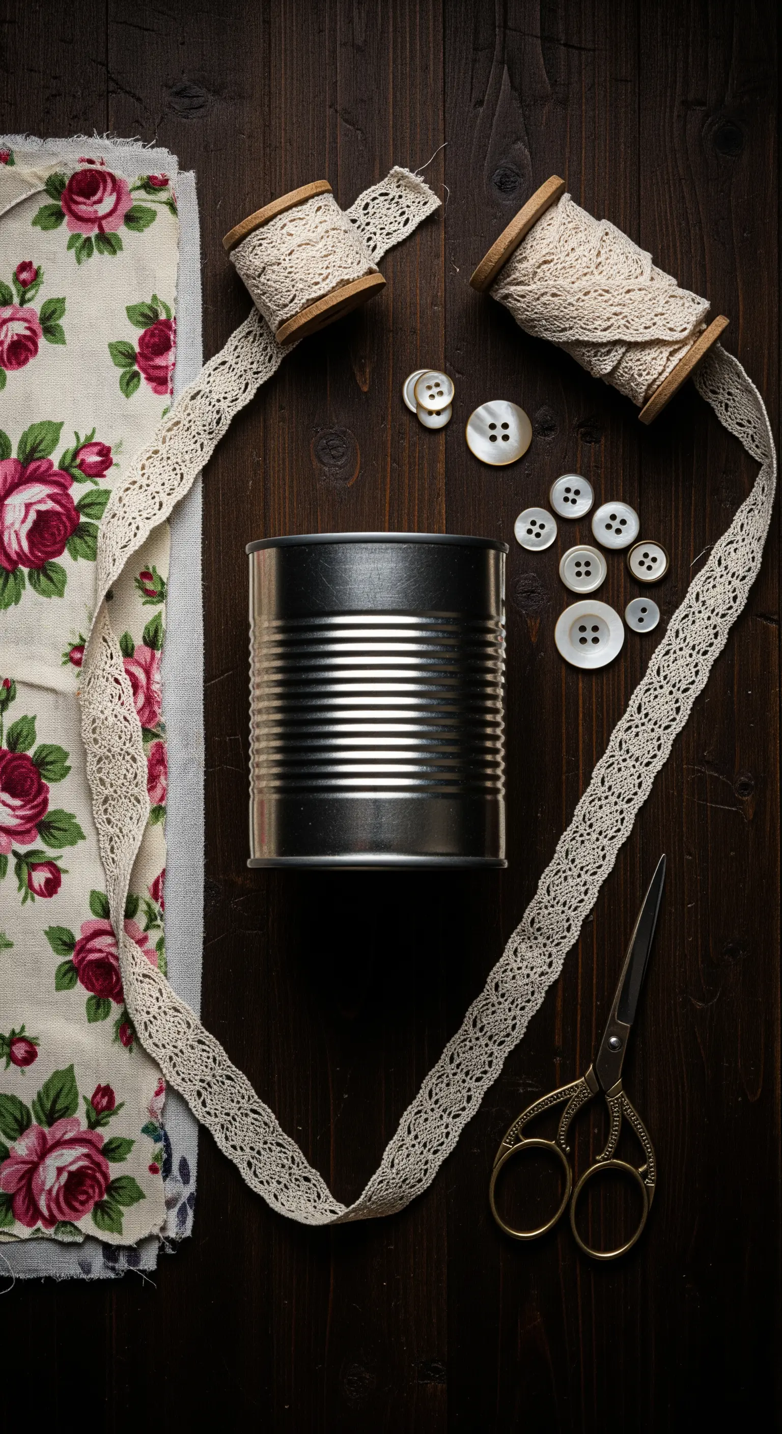 Flat lay con lattina, tessuto a rose, pizzo, bottoni e forbici vintage.