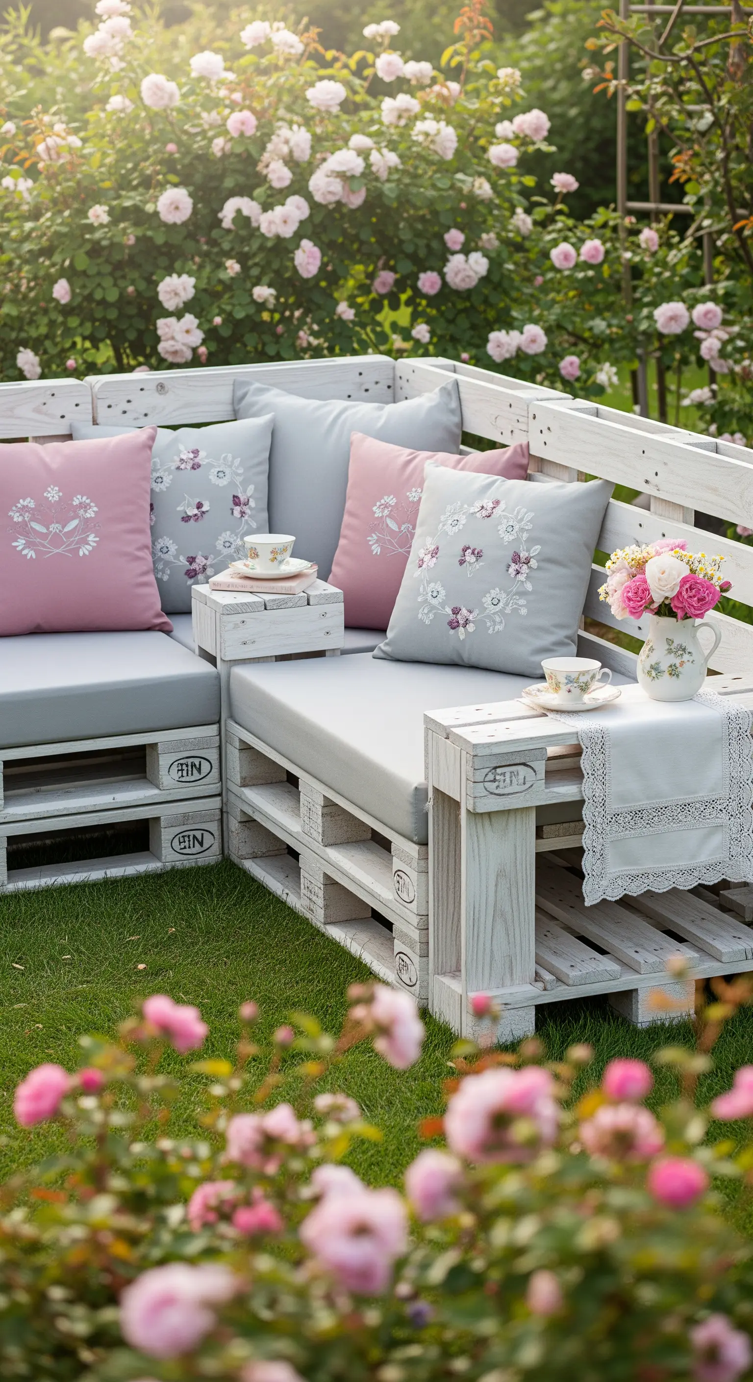 Divano angolare in pallet bianchi con finitura shabby e cuscini floreali ricamati