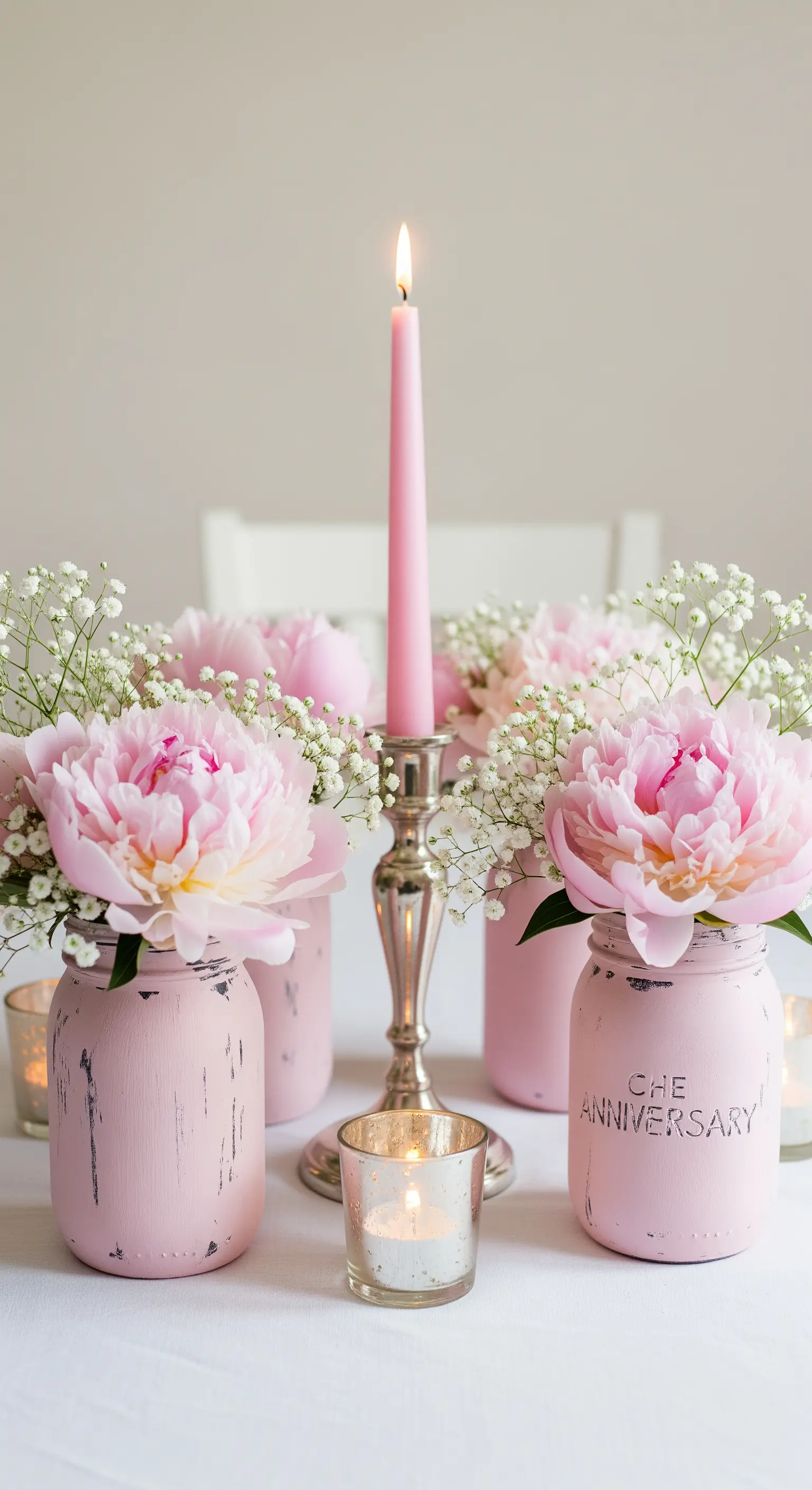 Centrotavola romantico con peonie rosa in vasetti dipinti e una candela rosa sottile.