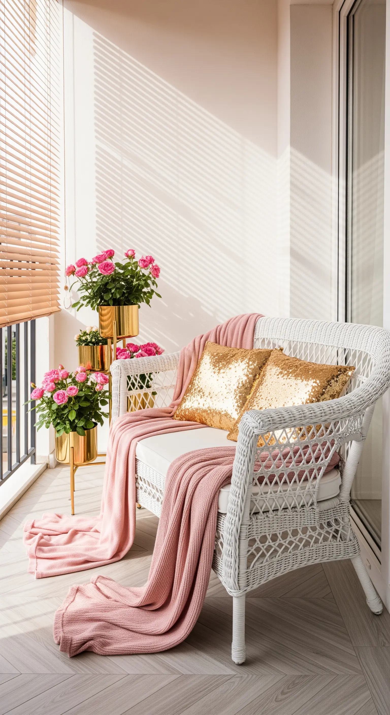 Sedia in vimini bianco con plaid rosa e cuscini dorati, accanto a vasi di rose.