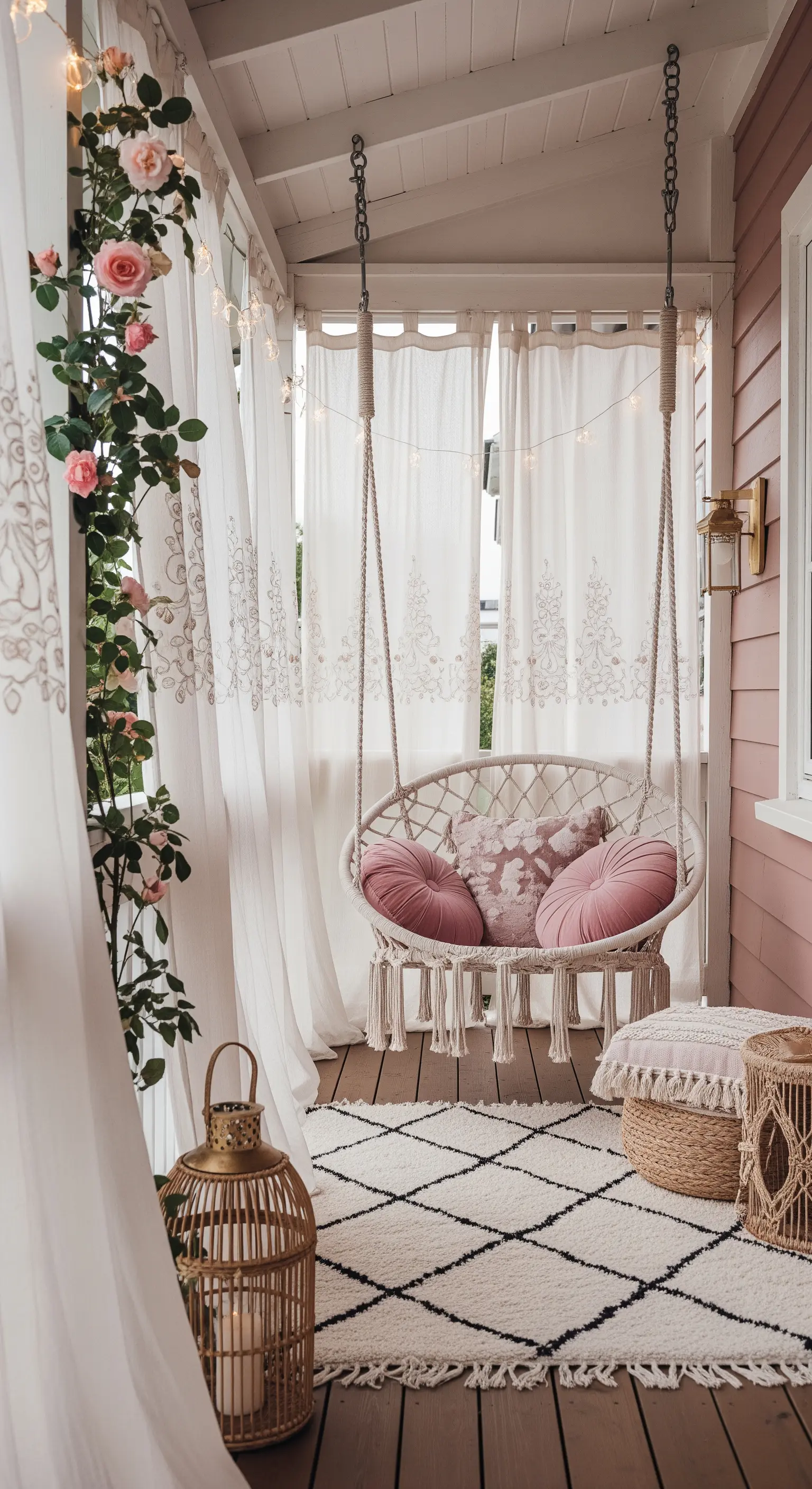 Veranda rosa con poltrona sospesa in macramè, cuscini rosa e tappeto berbero.