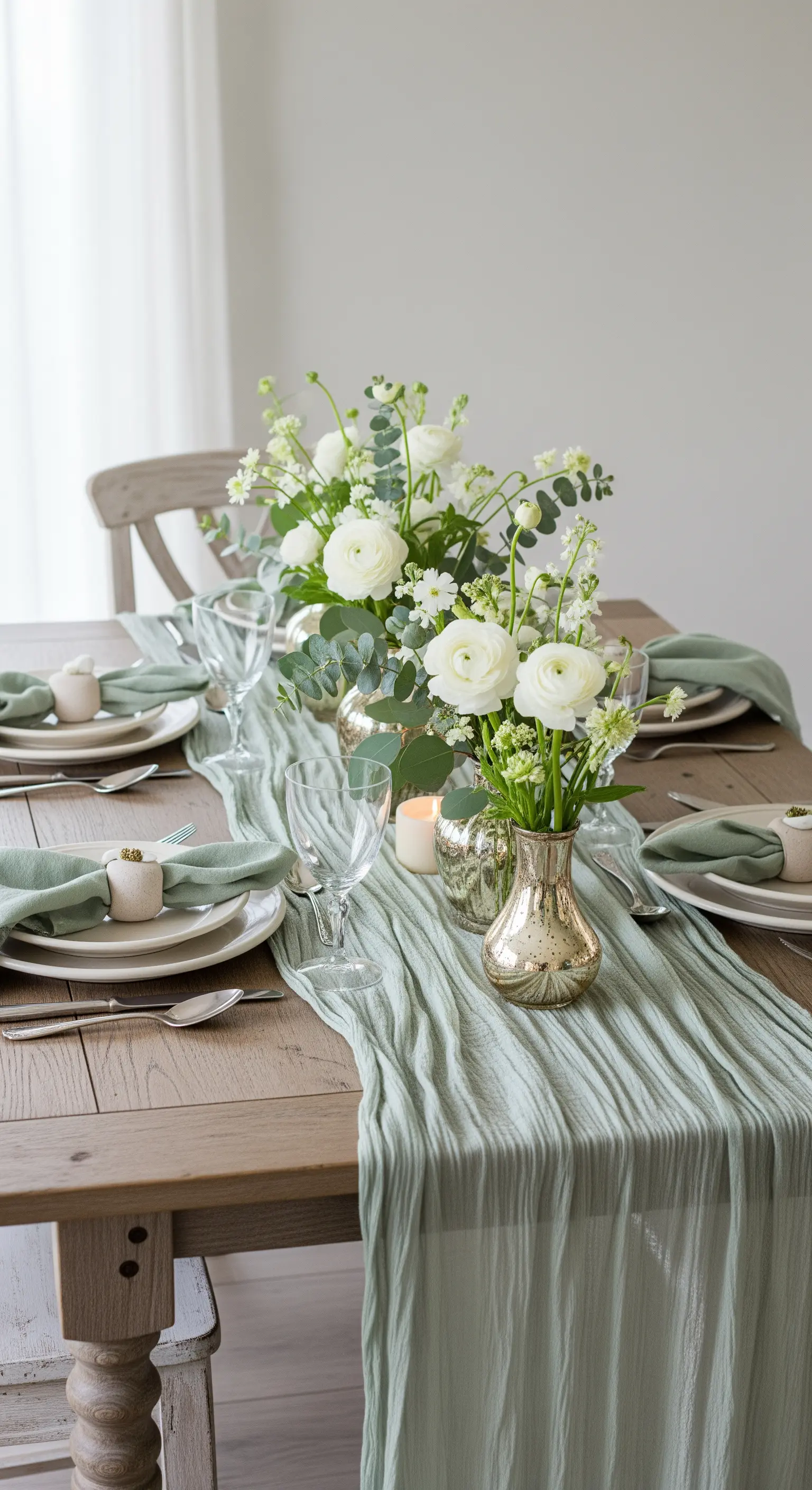 Tavola elegante con runner verde salvia, fiori bianchi in vasi di vetro mercurizzato