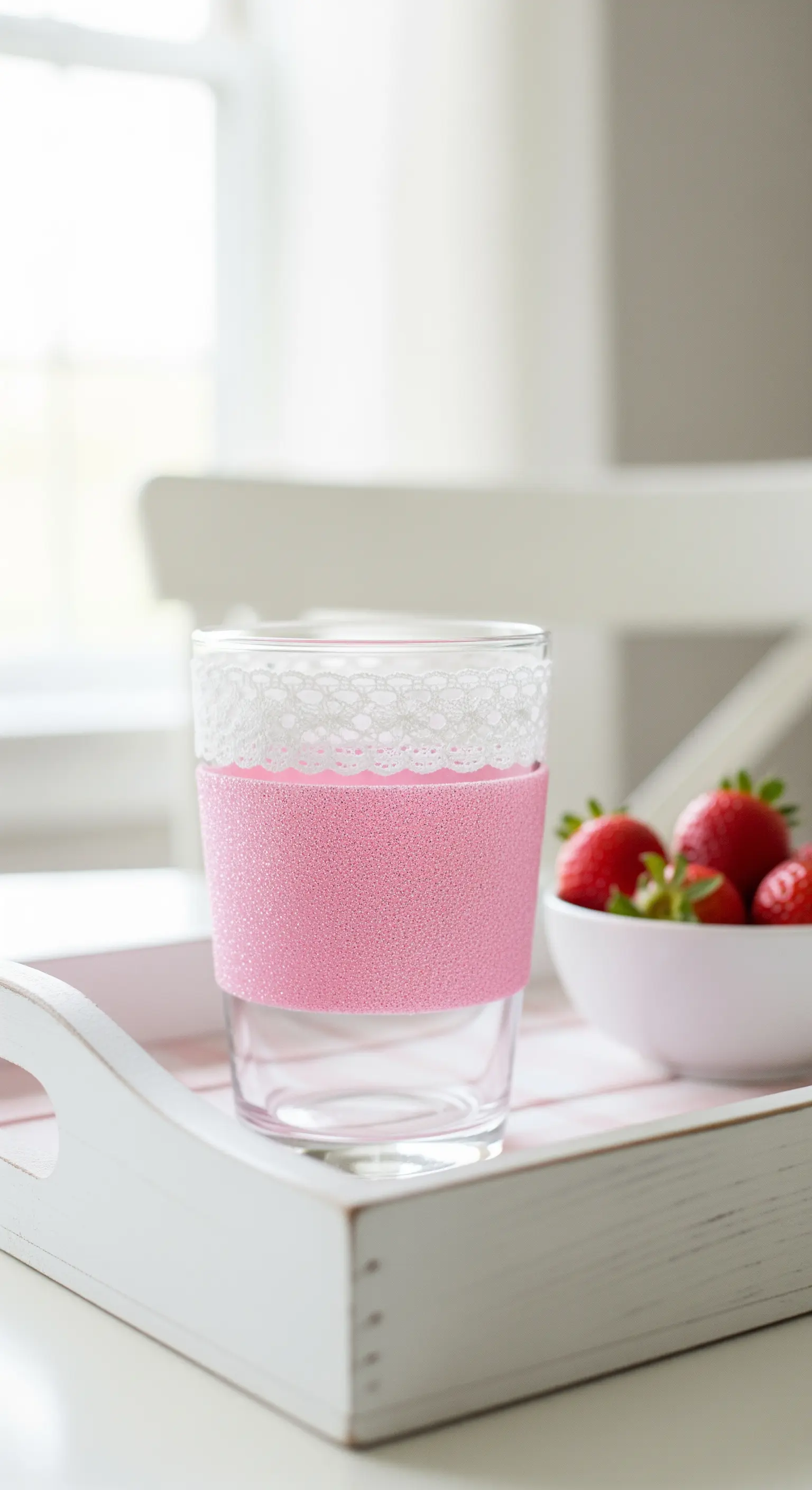 Bicchiere con fascia di glitter rosa sormontata da un bordo di pizzo bianco.