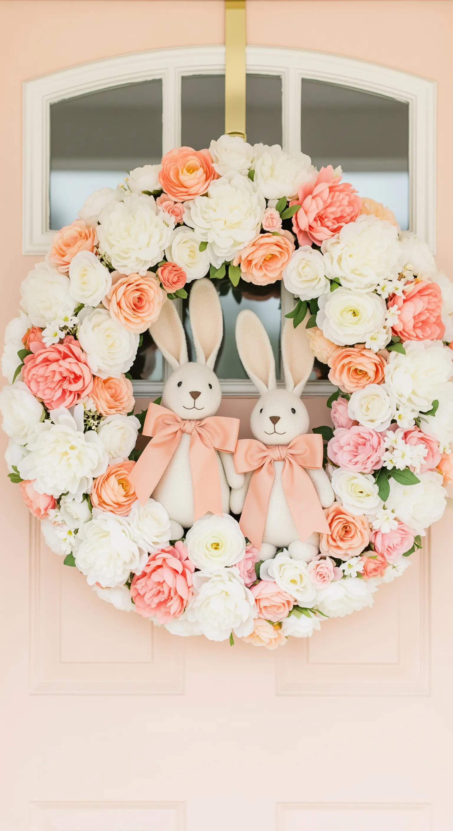 Ghirlanda voluminosa di peonie e rose bianche e rosa con due coniglietti.
