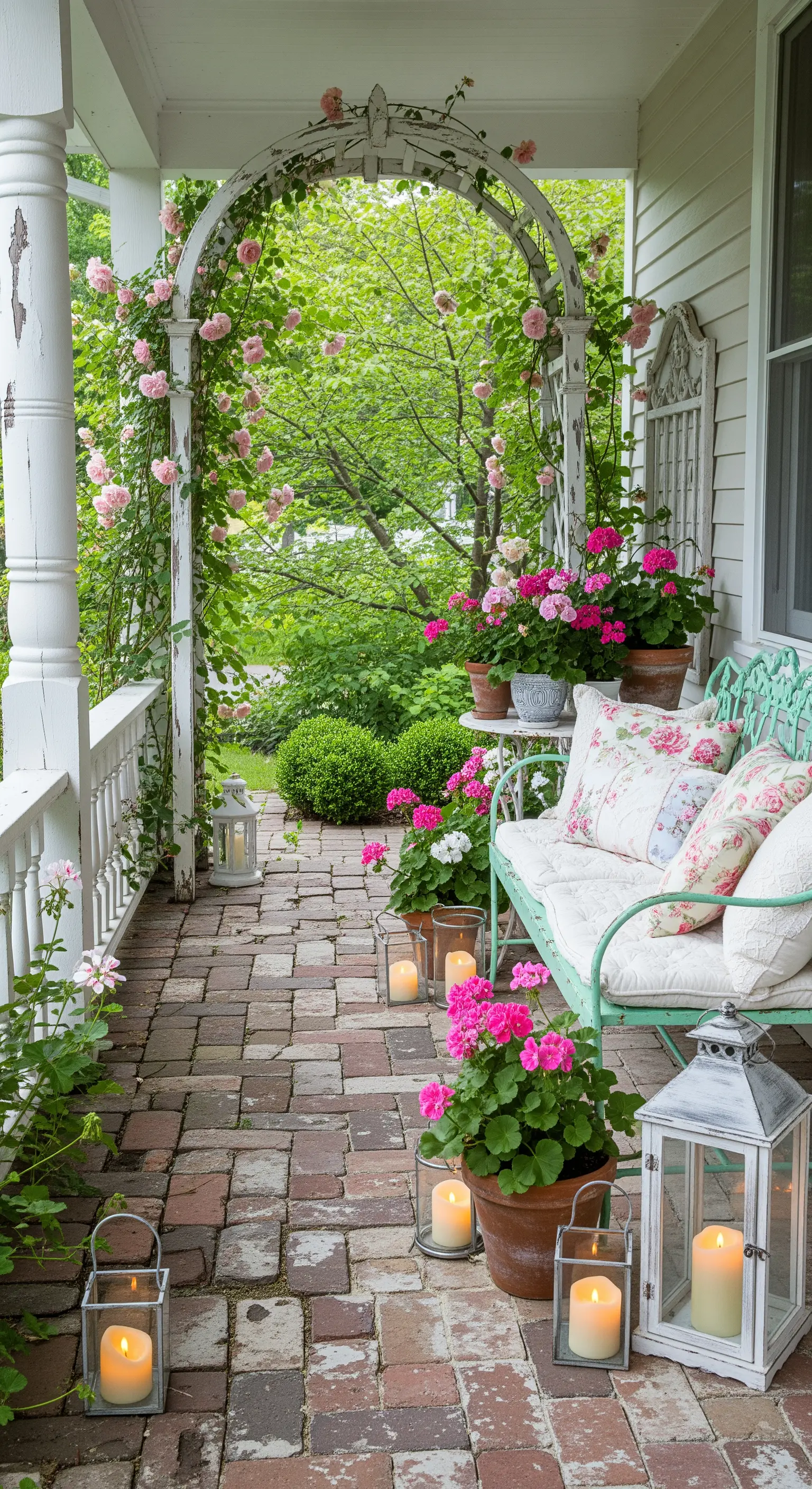 Portico in stile shabby chic con panca bianca decapata, fiori rosa e lanterne a terra.