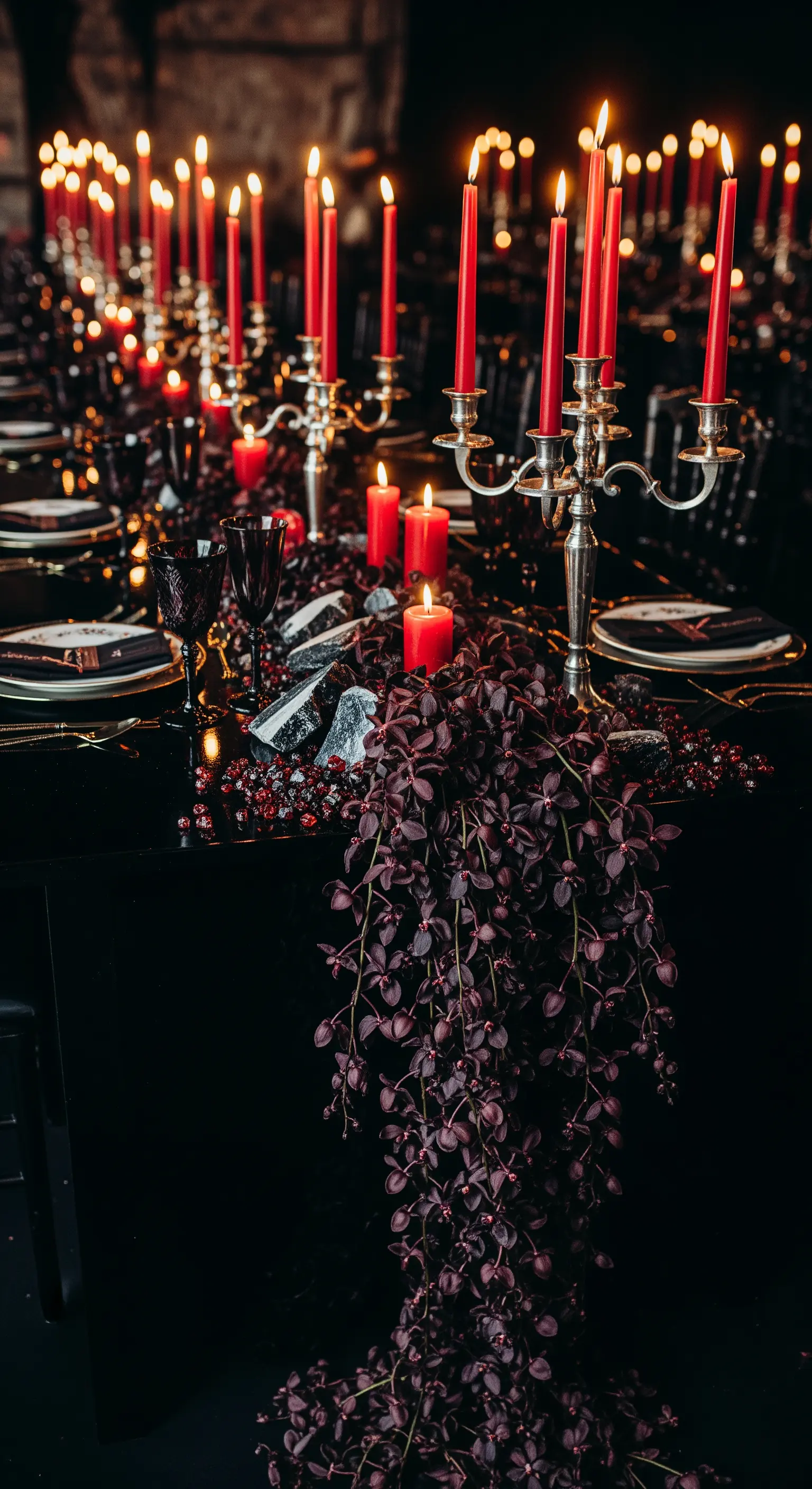 Tavolo nero con candele rosse, fogliame scuro e cristalli neri per un look gotico.