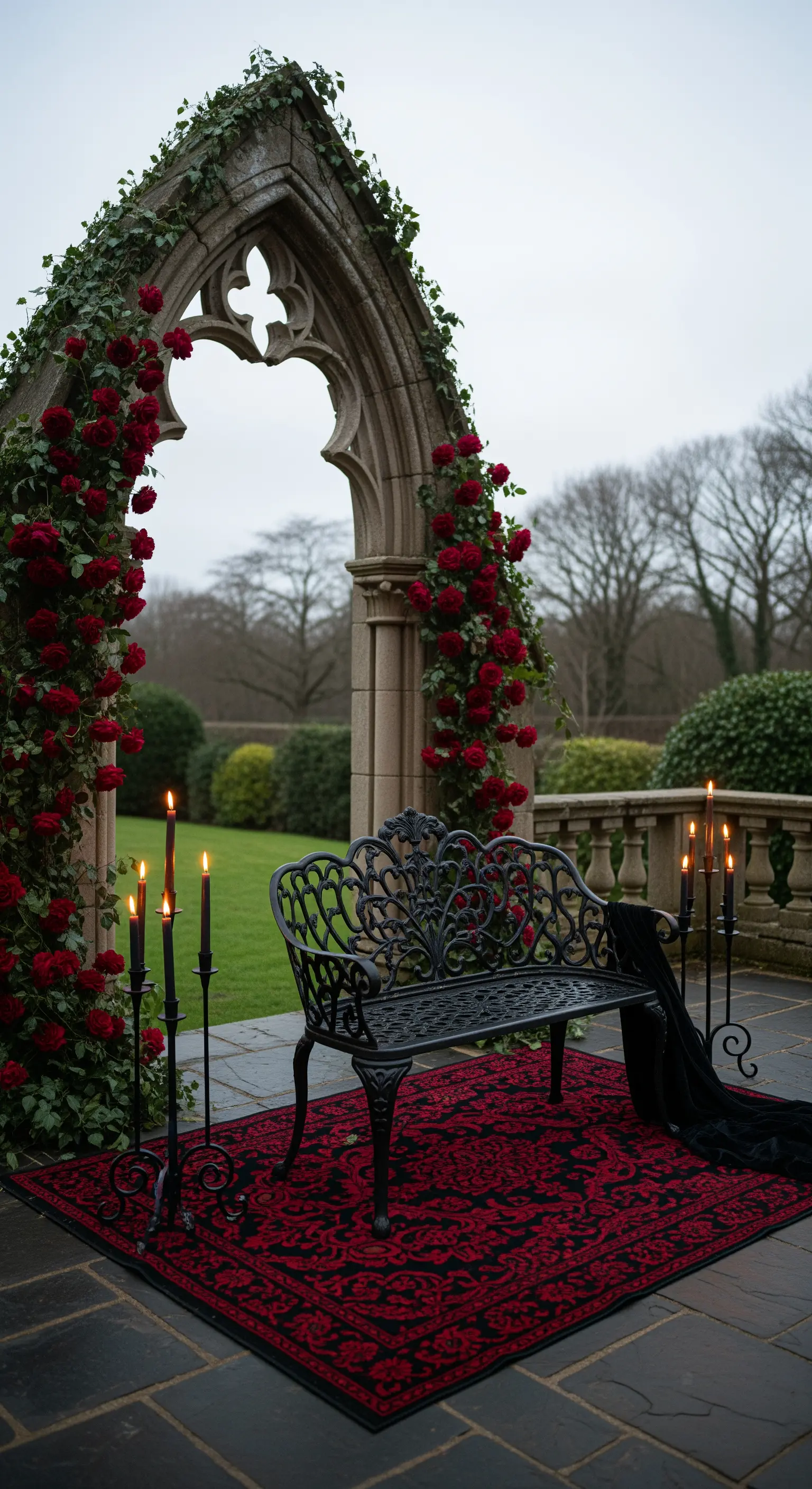 Patio gotico con arco a sesto acuto, rose rosse, panca nera e tappeto persiano.