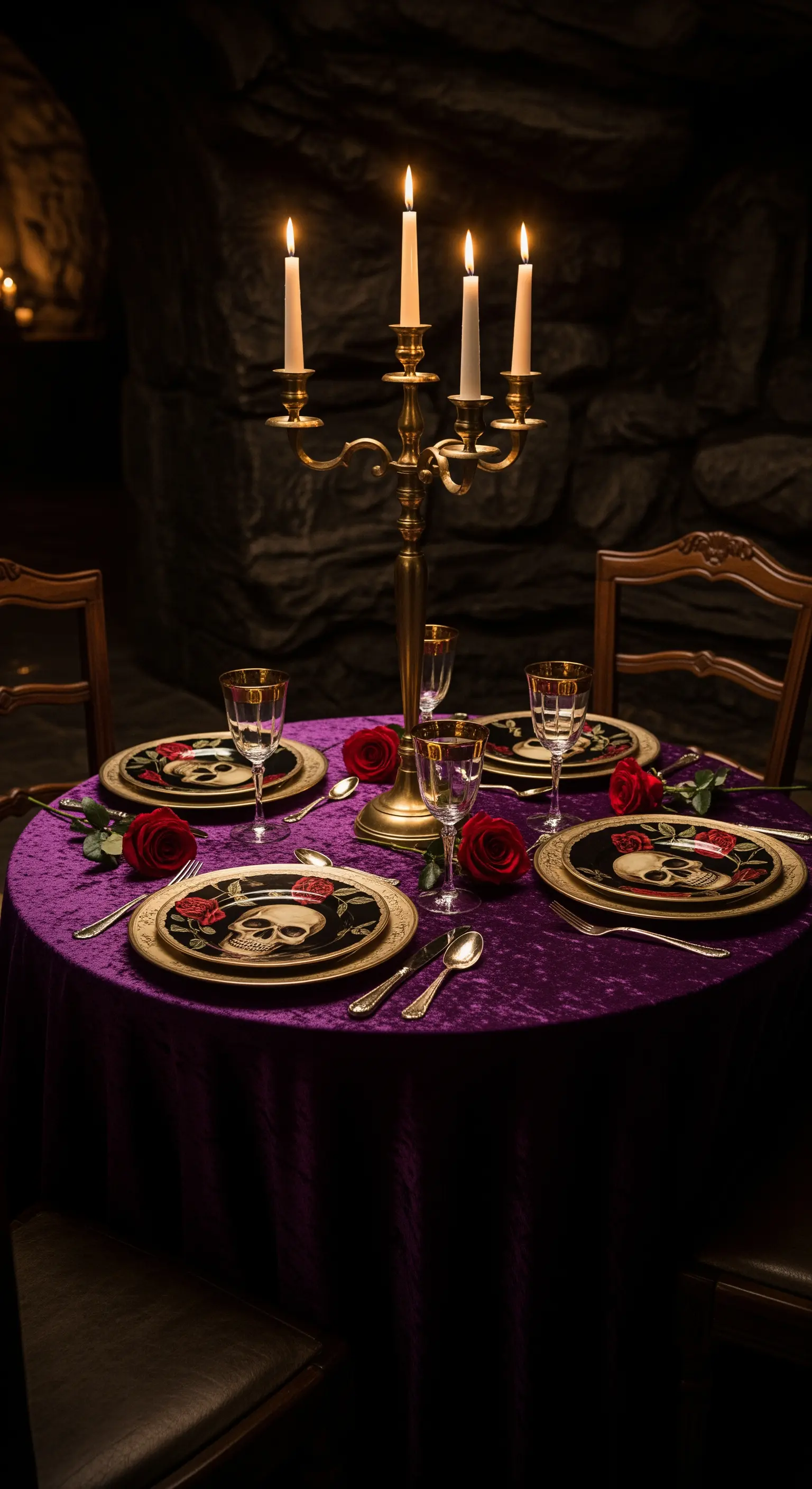 Tavola gotica con tovaglia in velluto viola, piatti con teschi e rose rosse.