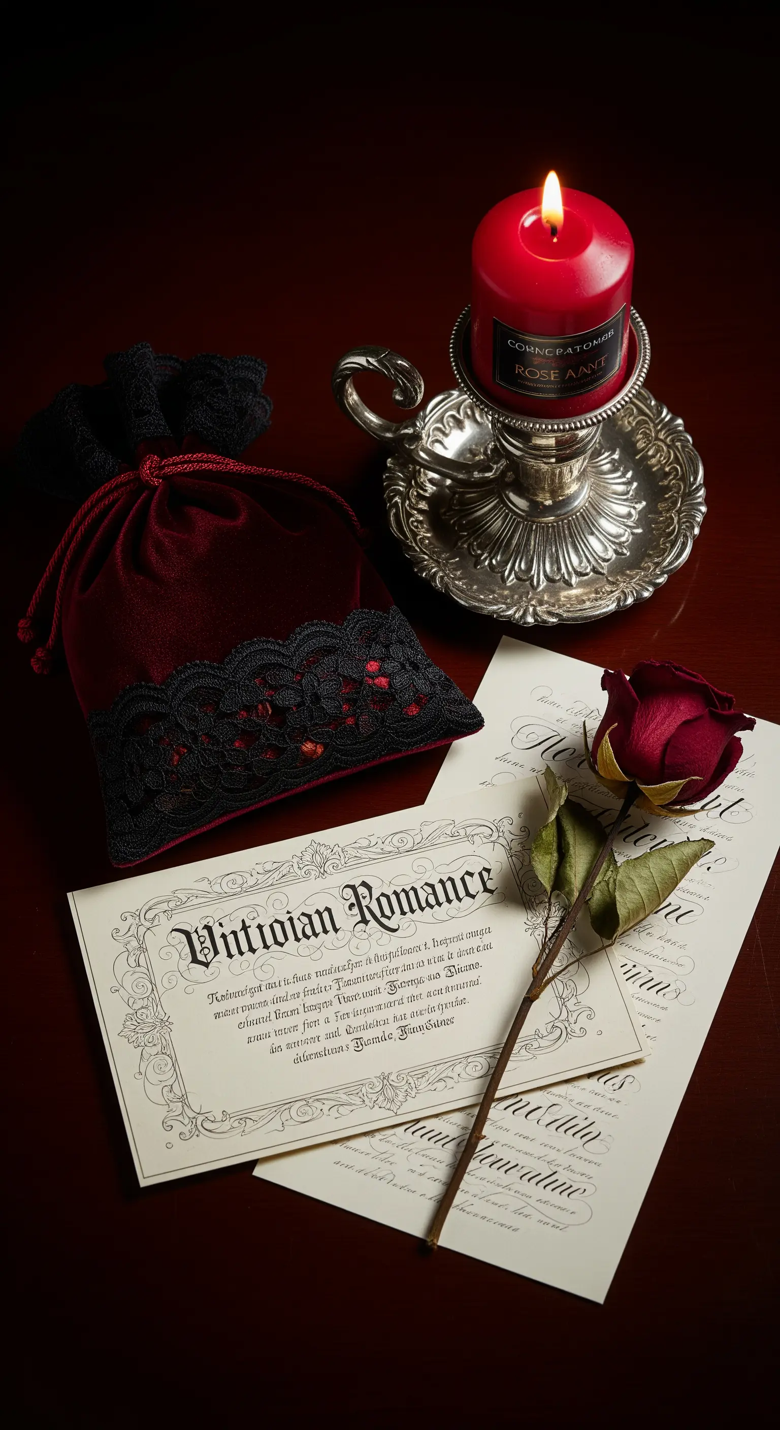 Candela rossa in un portacandela d'argento, sacchetto in velluto bordeaux e lettera in stile antico.
