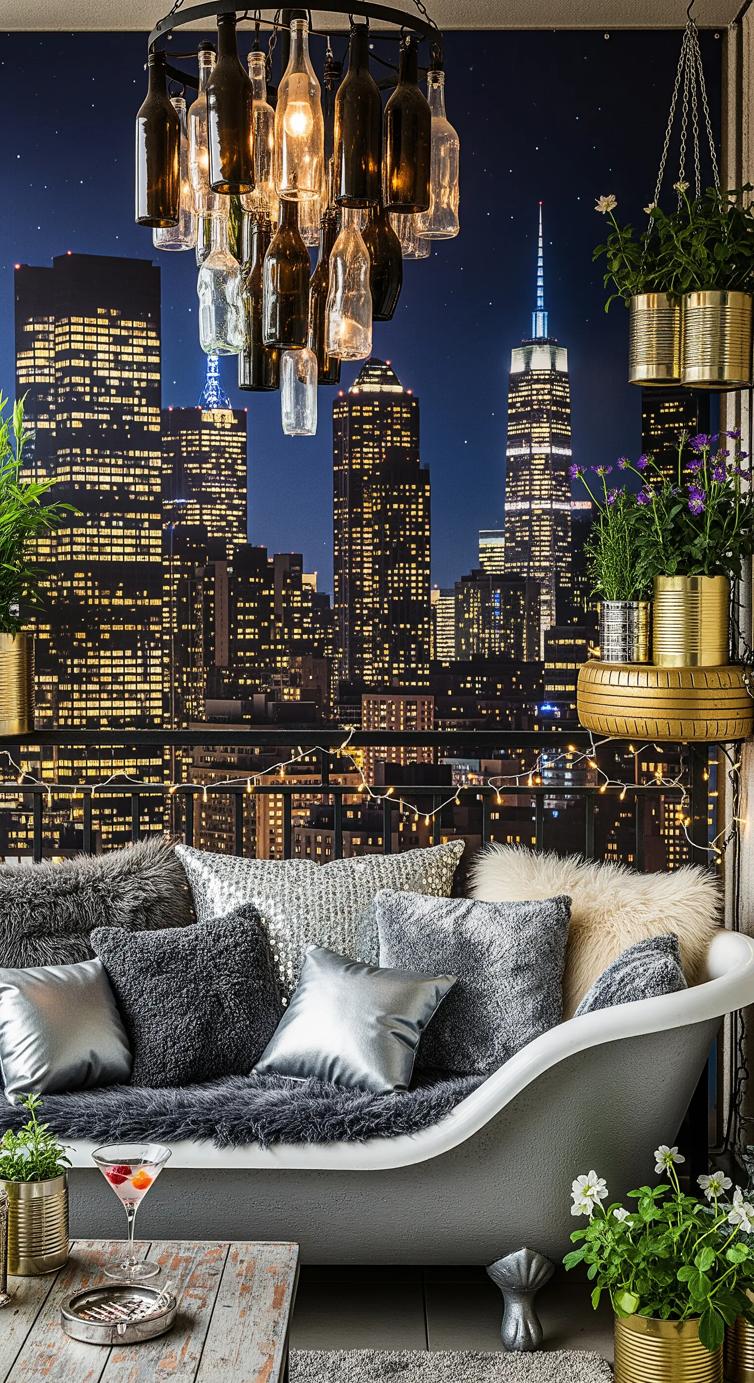 Balcone con murale di uno skyline notturno, una vasca usata come divano e lampadario di bottiglie.