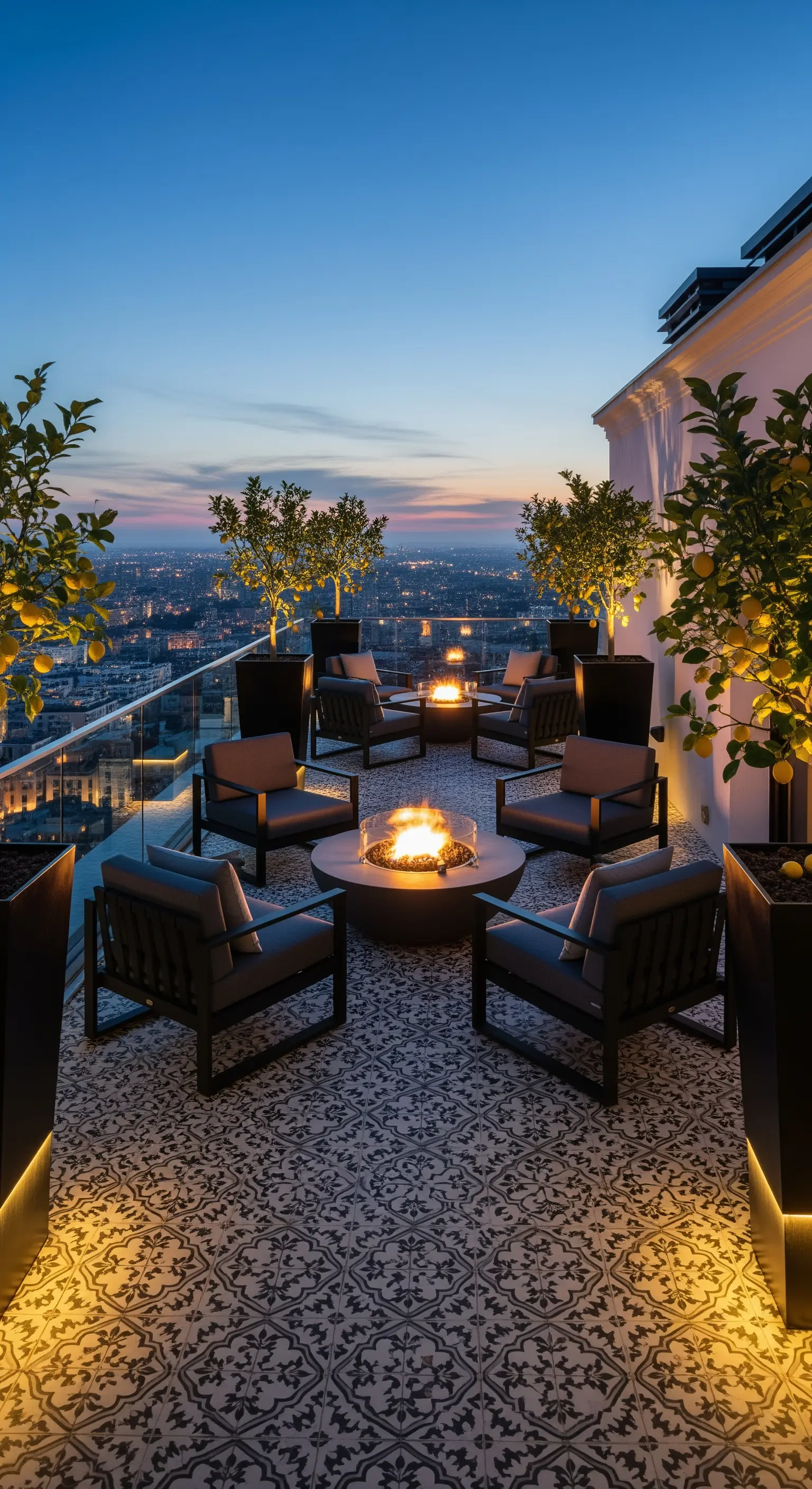 Terrazza panoramica sulla città con braciere, sedute moderne e pavimento a maioliche.