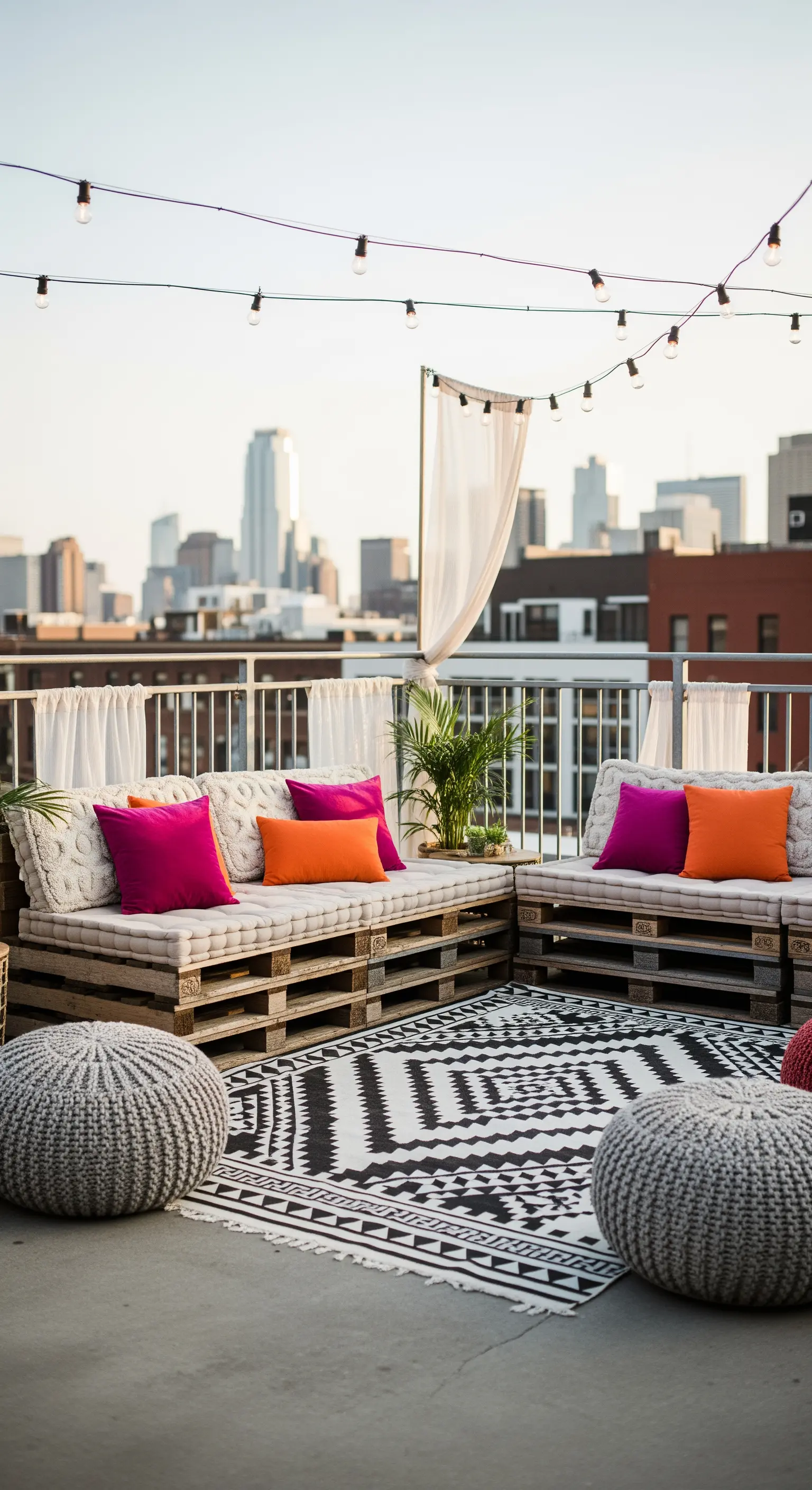 Terrazza urbana con divani in pallet, cuscini colorati, pouf e tappeto geometrico.