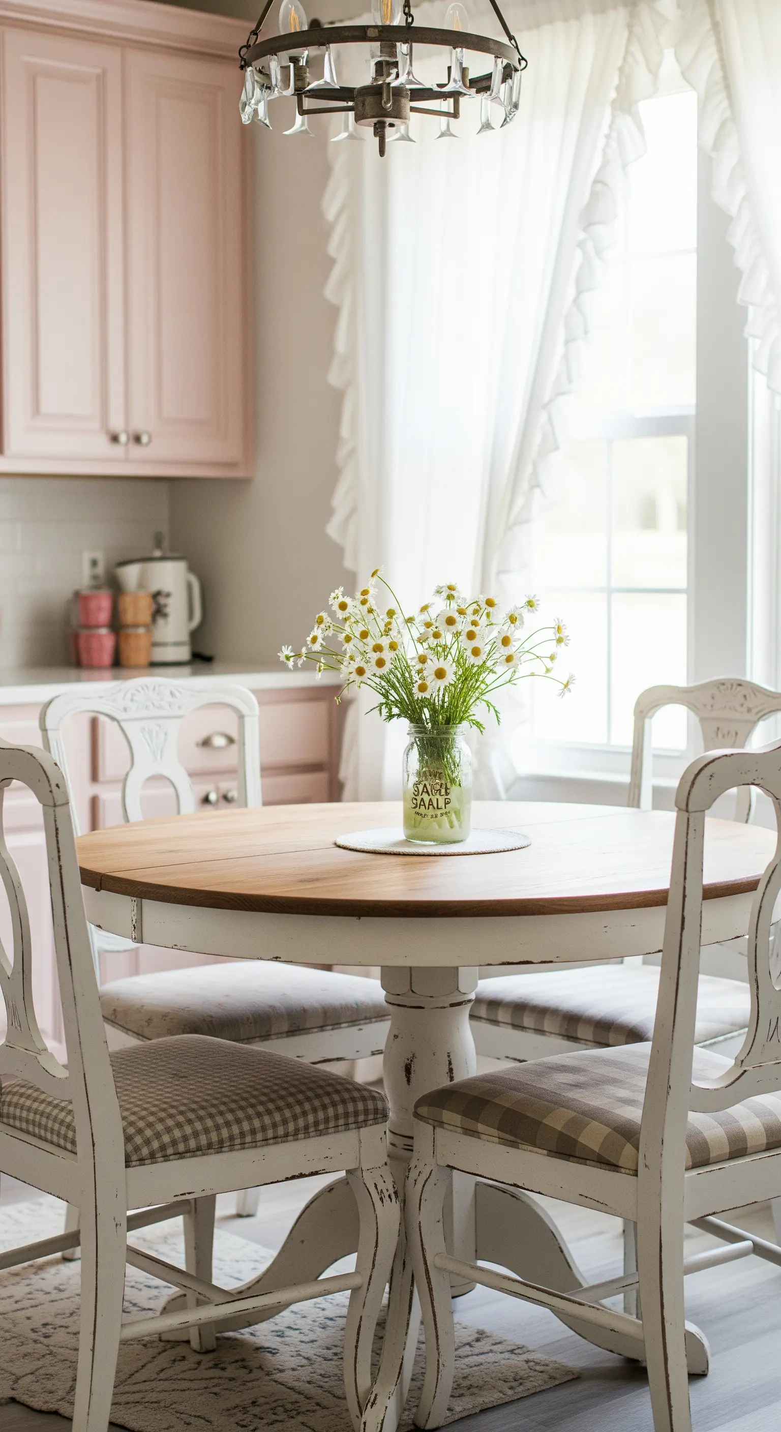 Zona pranzo in cucina con tavolo tondo e sedie decapate bianche.