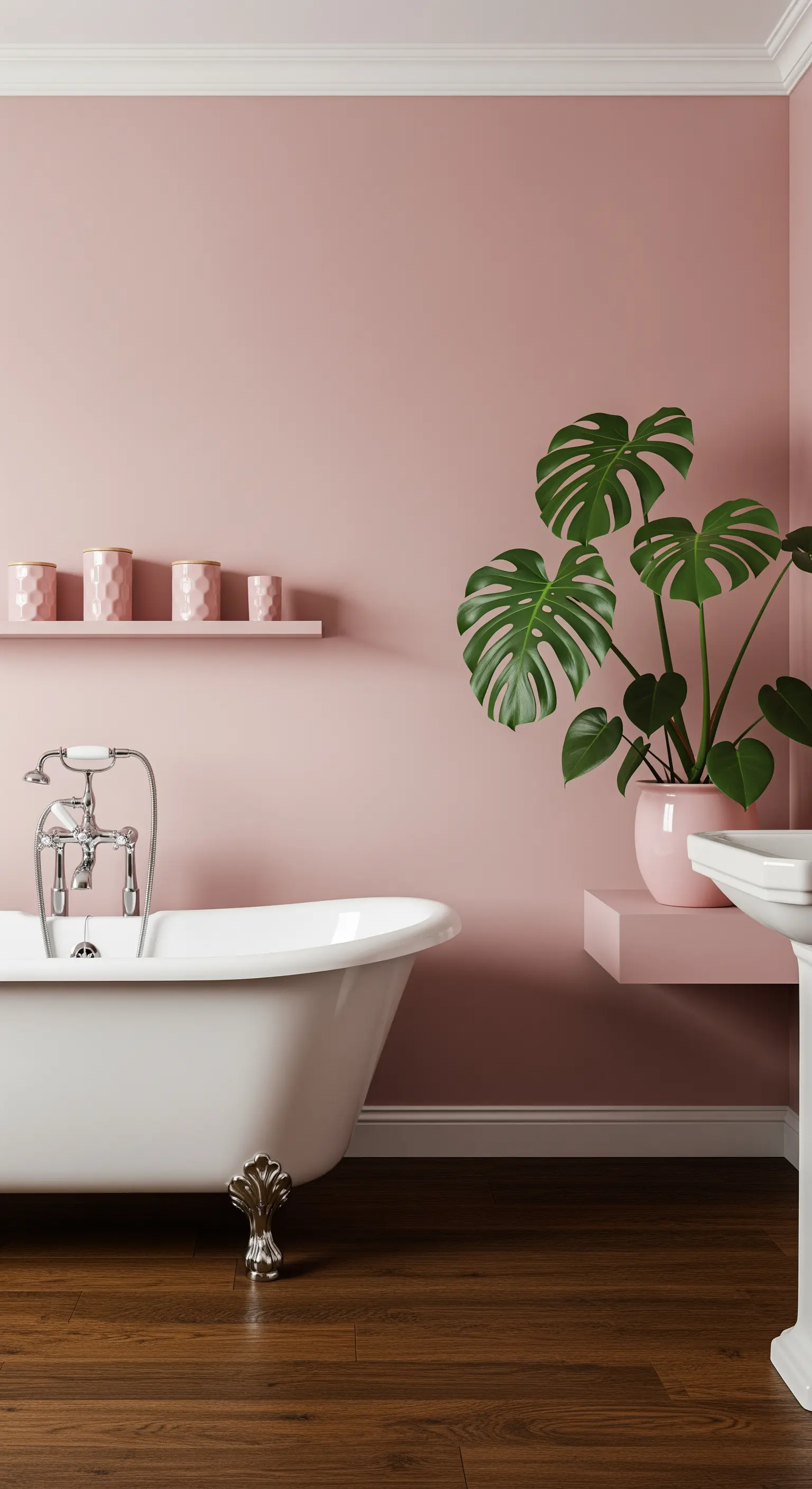 Bagno rosa antico con vasca freestanding, pavimento in legno scuro e una grande pianta di Monstera.