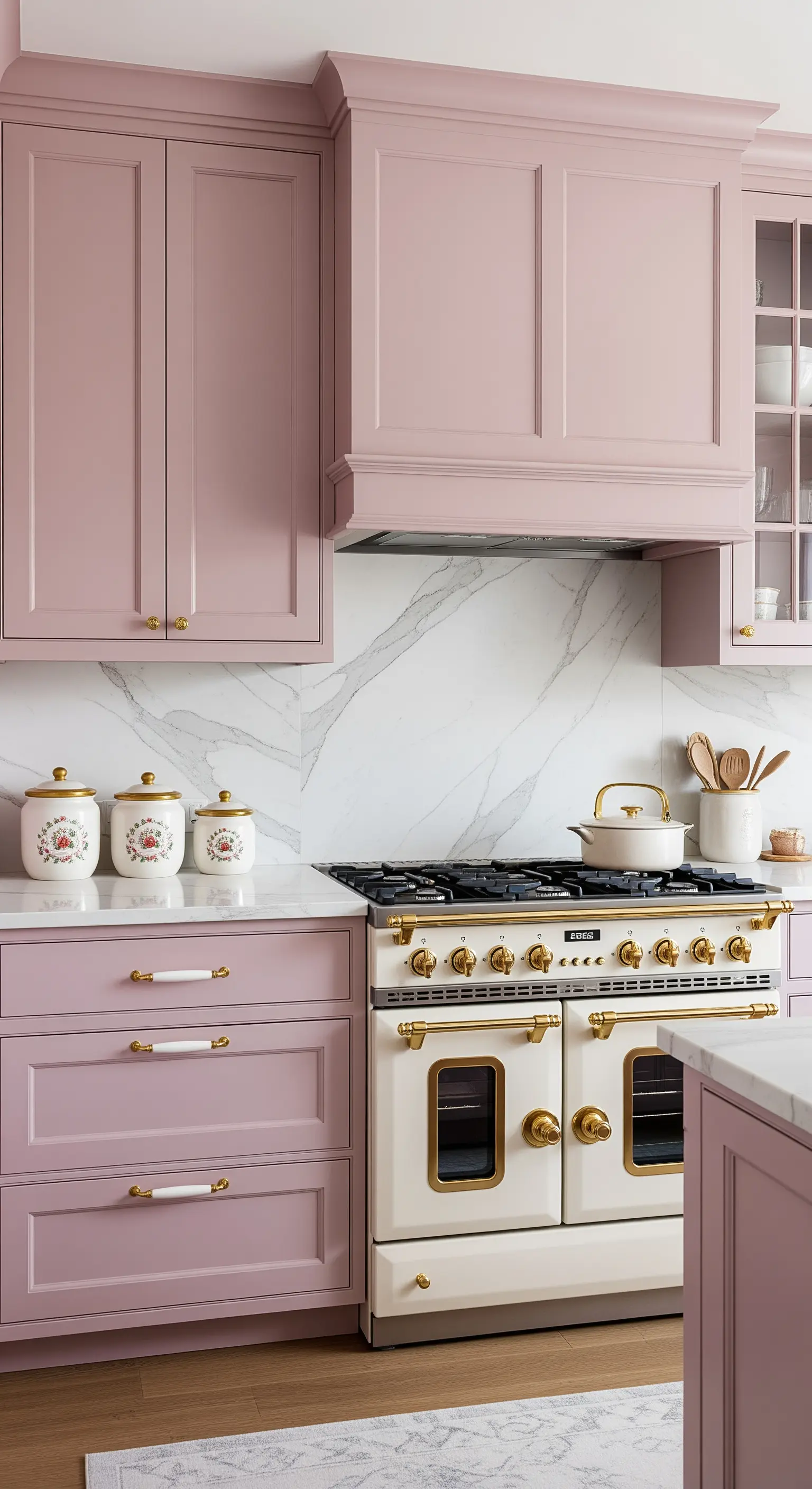 Cucina rosa antico con alzatina in marmo e cucina professionale panna e oro.