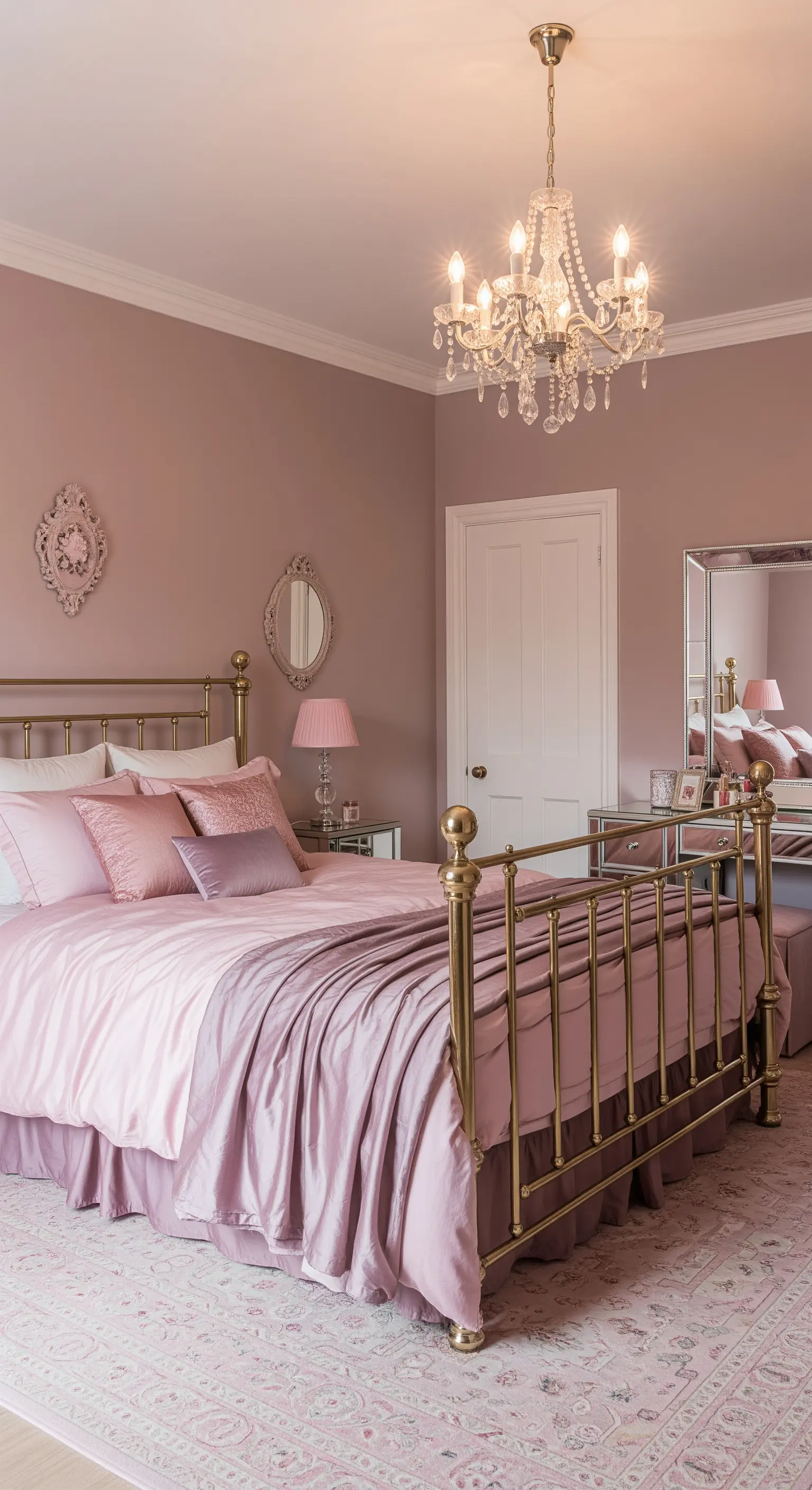 Camera da letto rosa antico con letto in ottone, lampadario di cristallo e mobili a specchio.