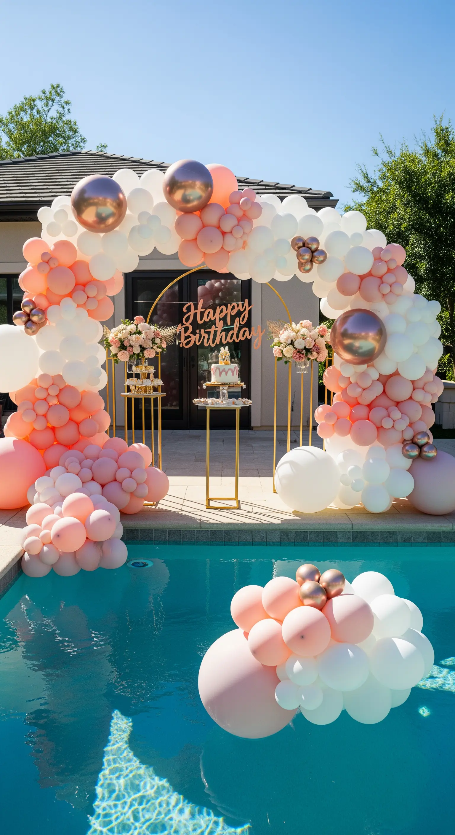 Arco di palloncini bianco, rosa e oro rosa attorno a una struttura circolare a bordo piscina.