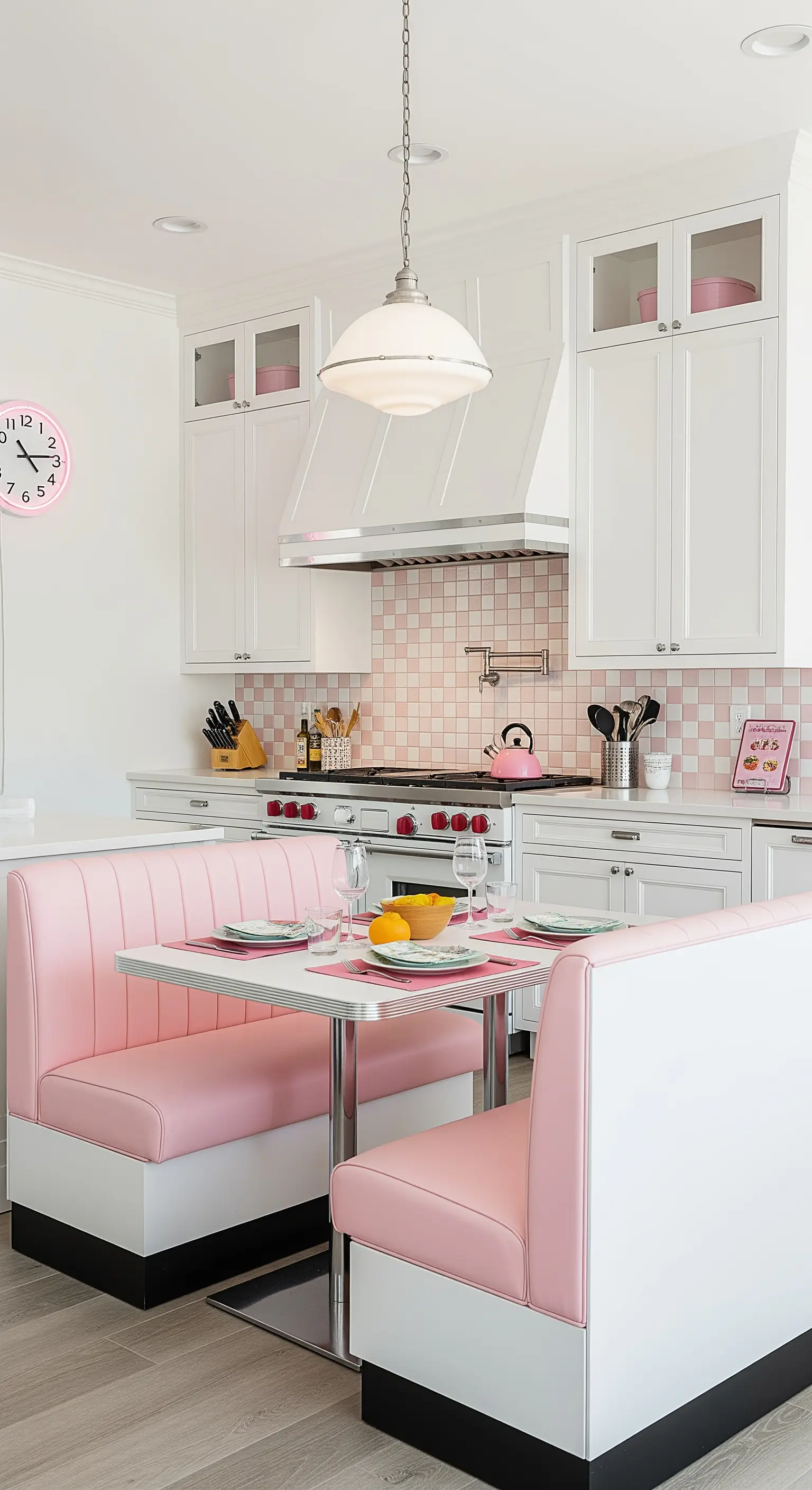 Cucina in stile diner con divanetti rosa e piastrelle a scacchi.