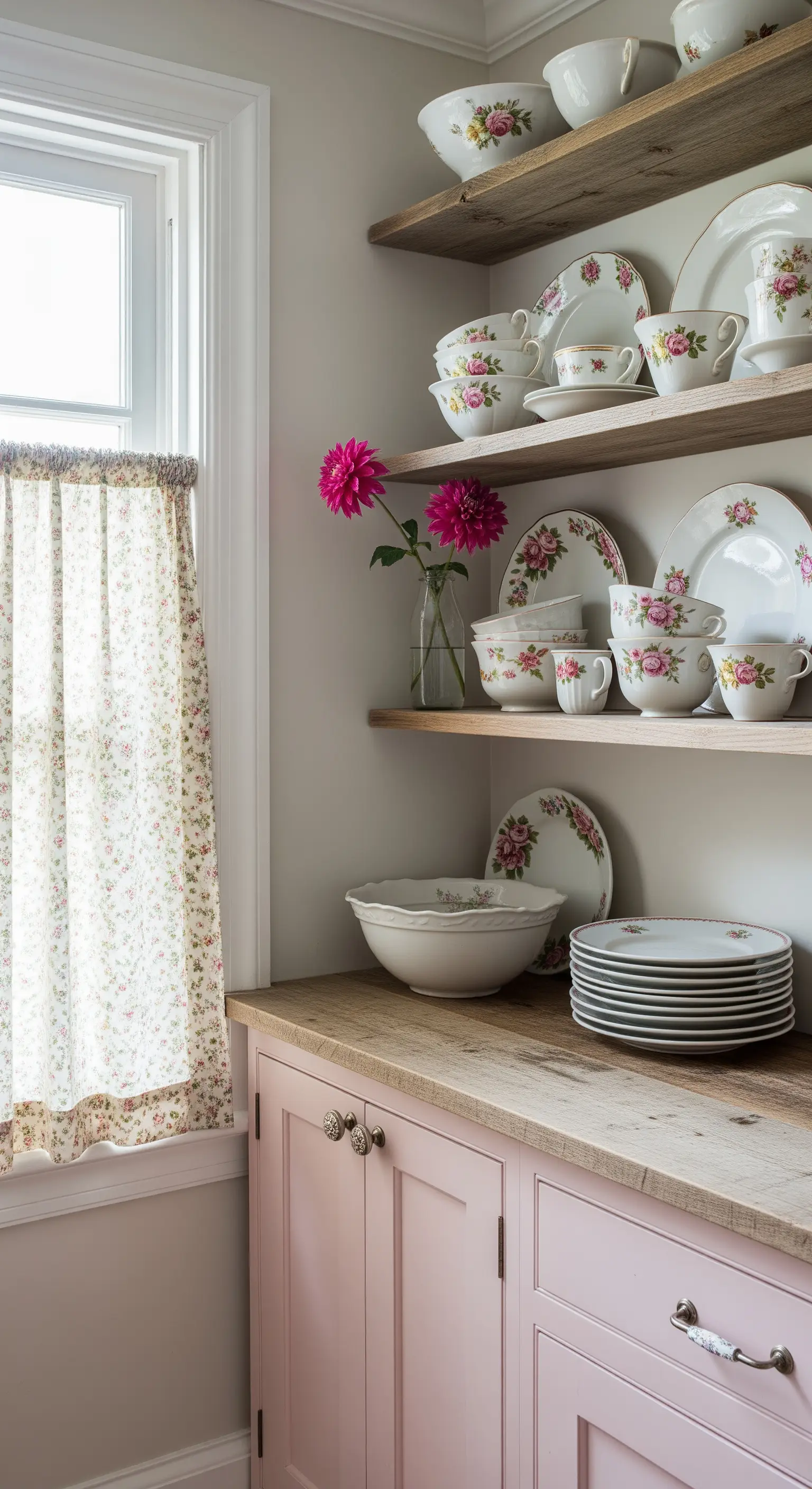 Mobili da cucina rosa antico con mensole in legno grezzo e stoviglie floreali.