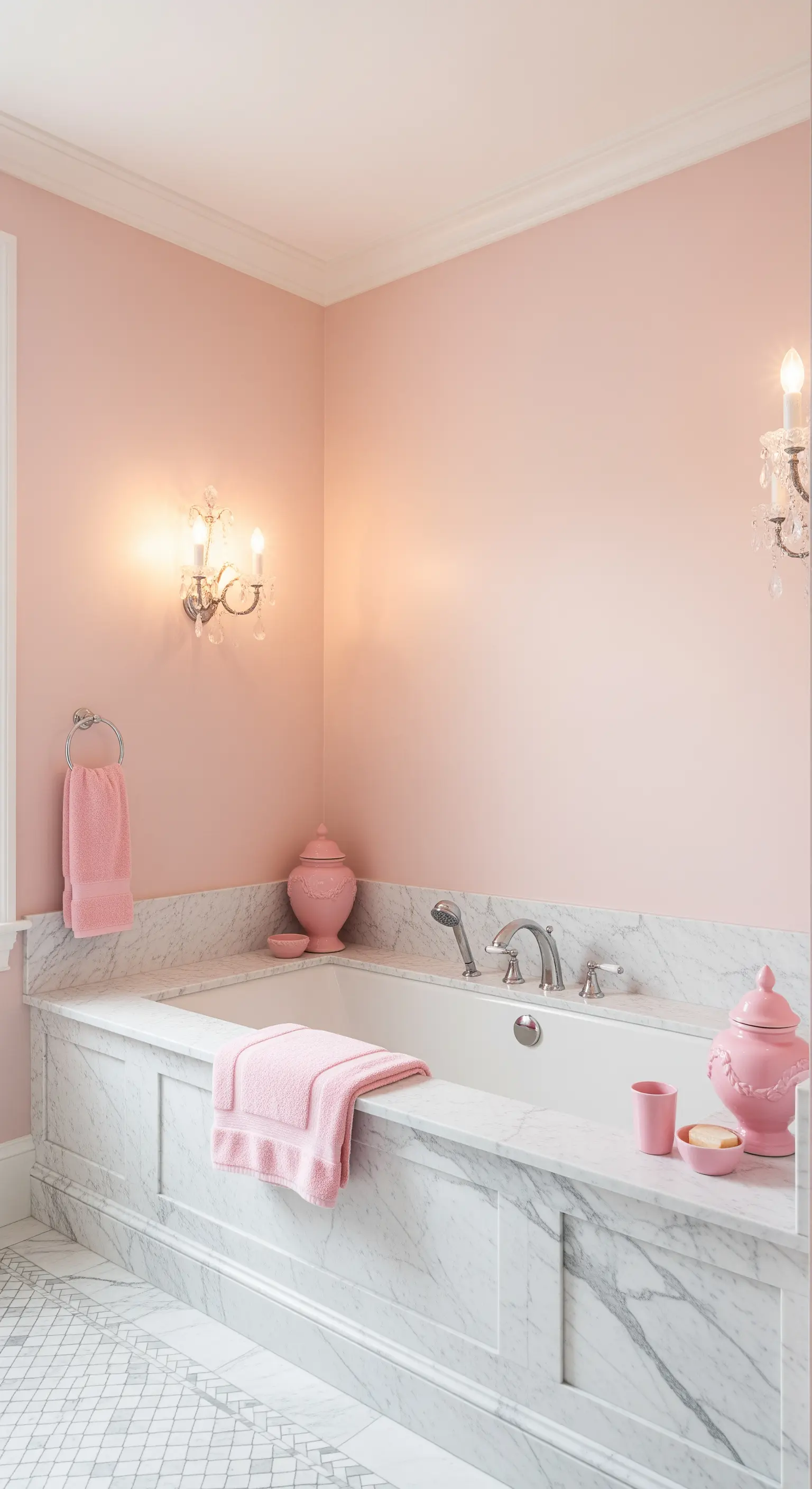 Bagno elegante con pareti rosa cipria, vasca rivestita in marmo e applique di cristallo.