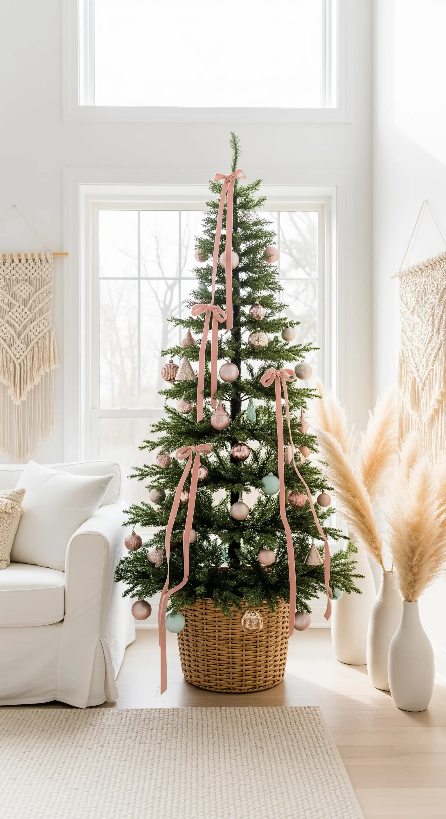Albero di Natale in un cesto di vimini, decorato con nastri rosa e palline color cipria