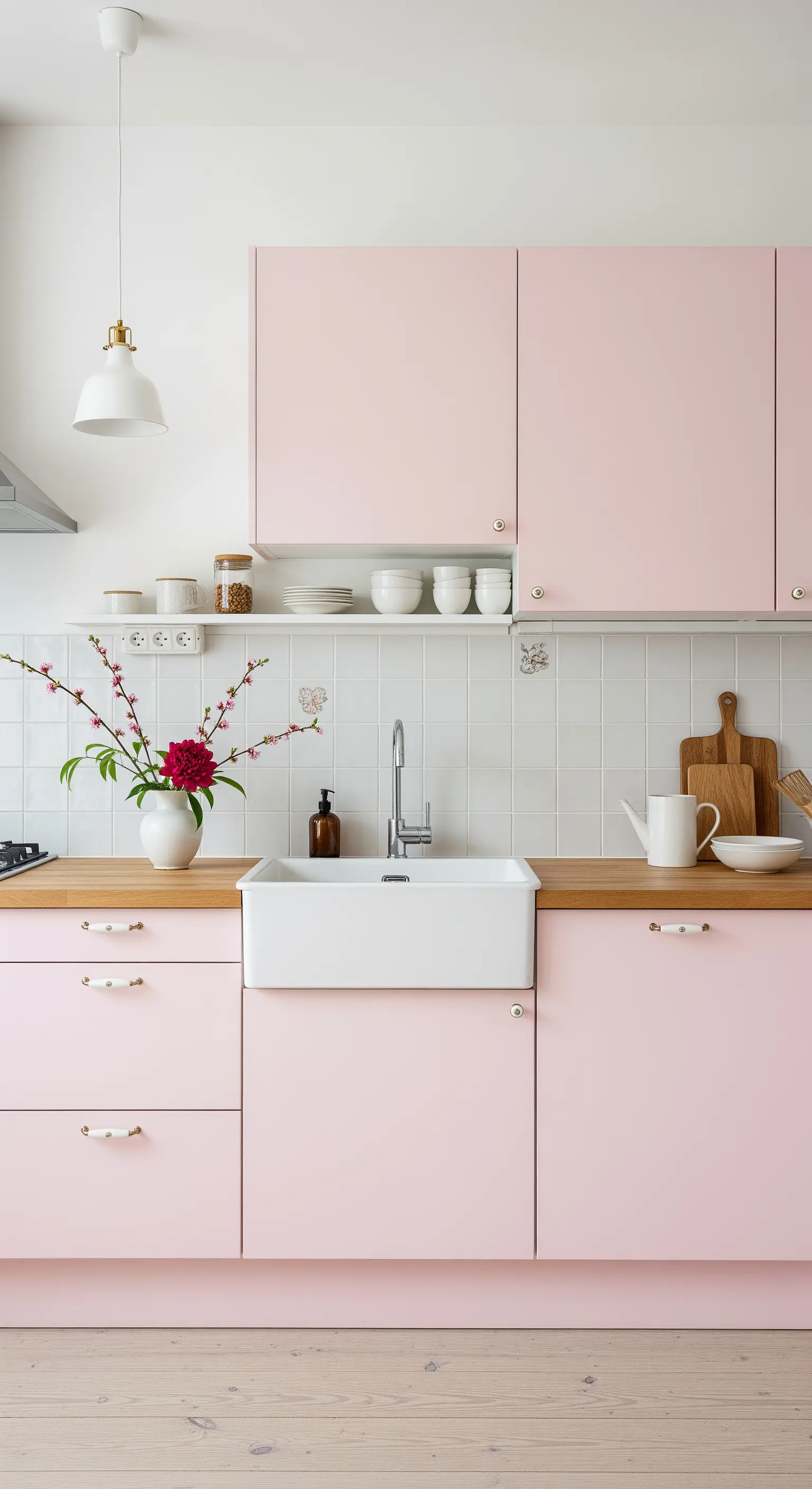 Cucina rosa con top in legno, lavello in ceramica e maniglie bianche.