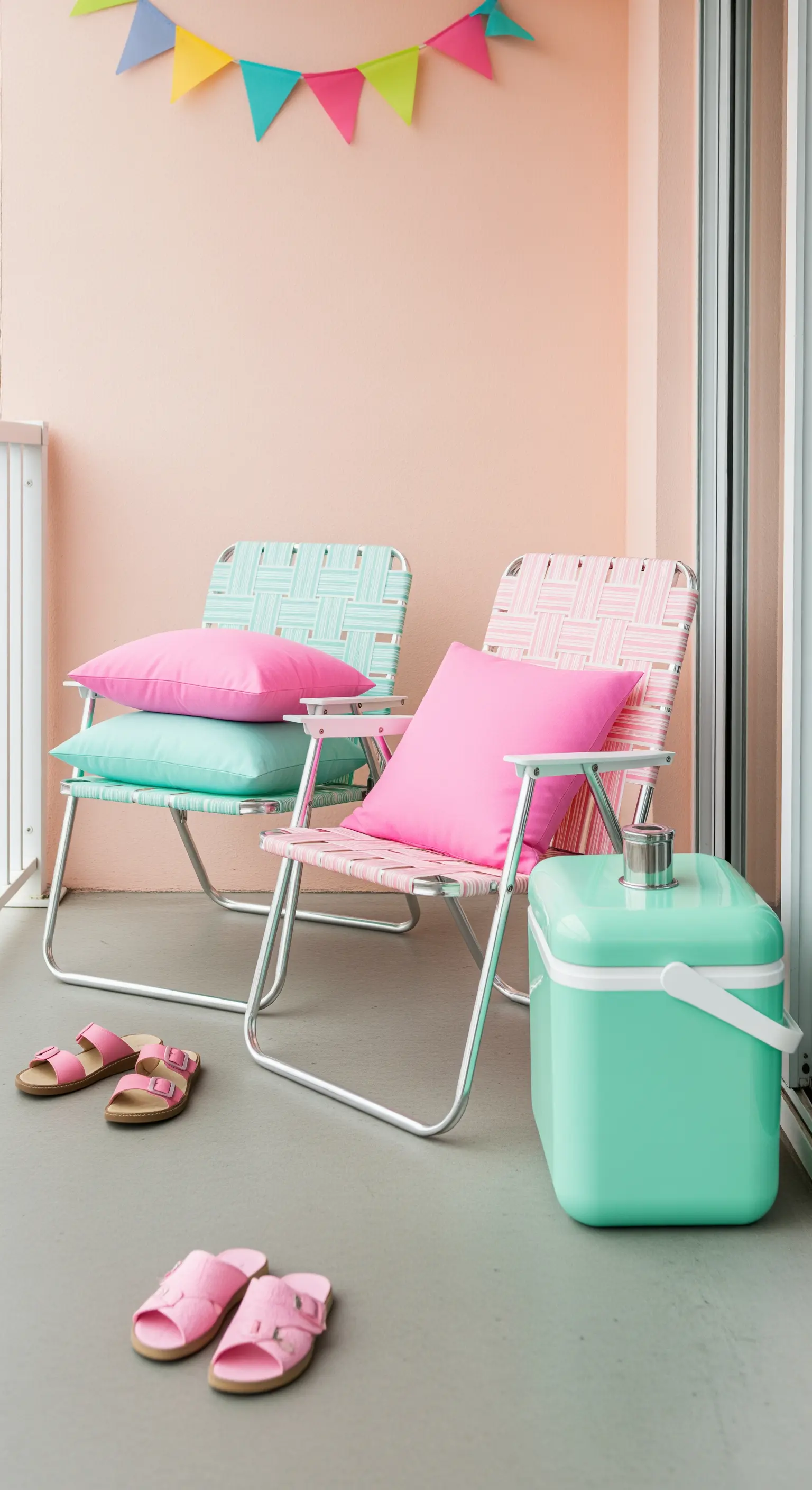 Sedie da spiaggia pieghevoli color rosa e menta con cuscini fucsia su un balcone.