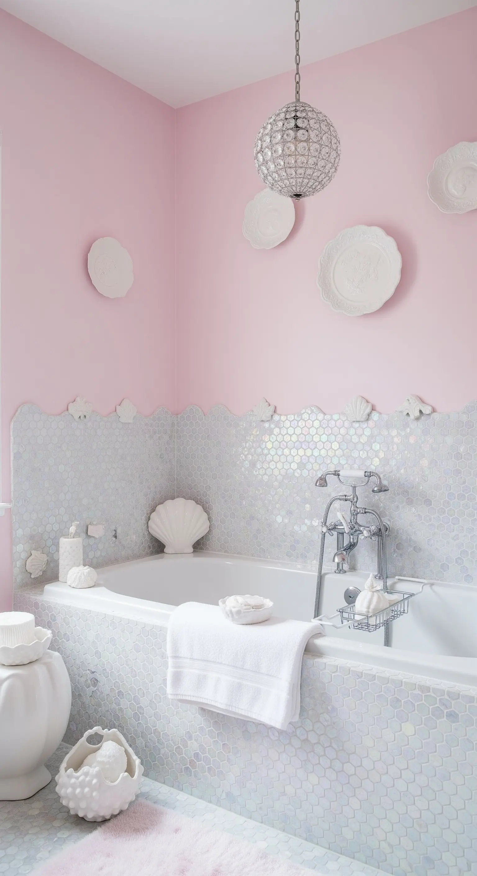 Bagno rosa con vasca rivestita in mosaico esagonale iridescente e decorazioni a forma di conchiglia.