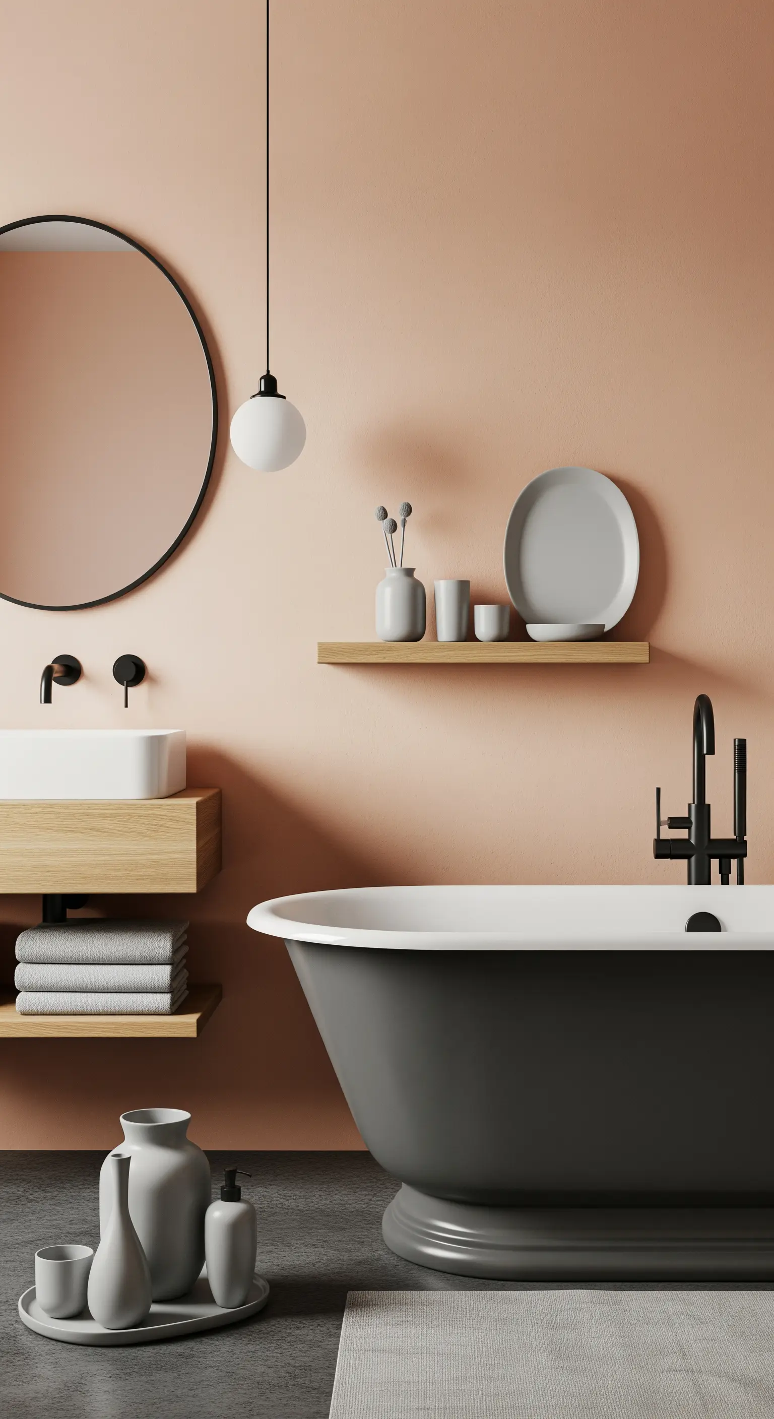 Bagno moderno con pareti rosa pesca, vasca grigia e rubinetteria nera opaca.