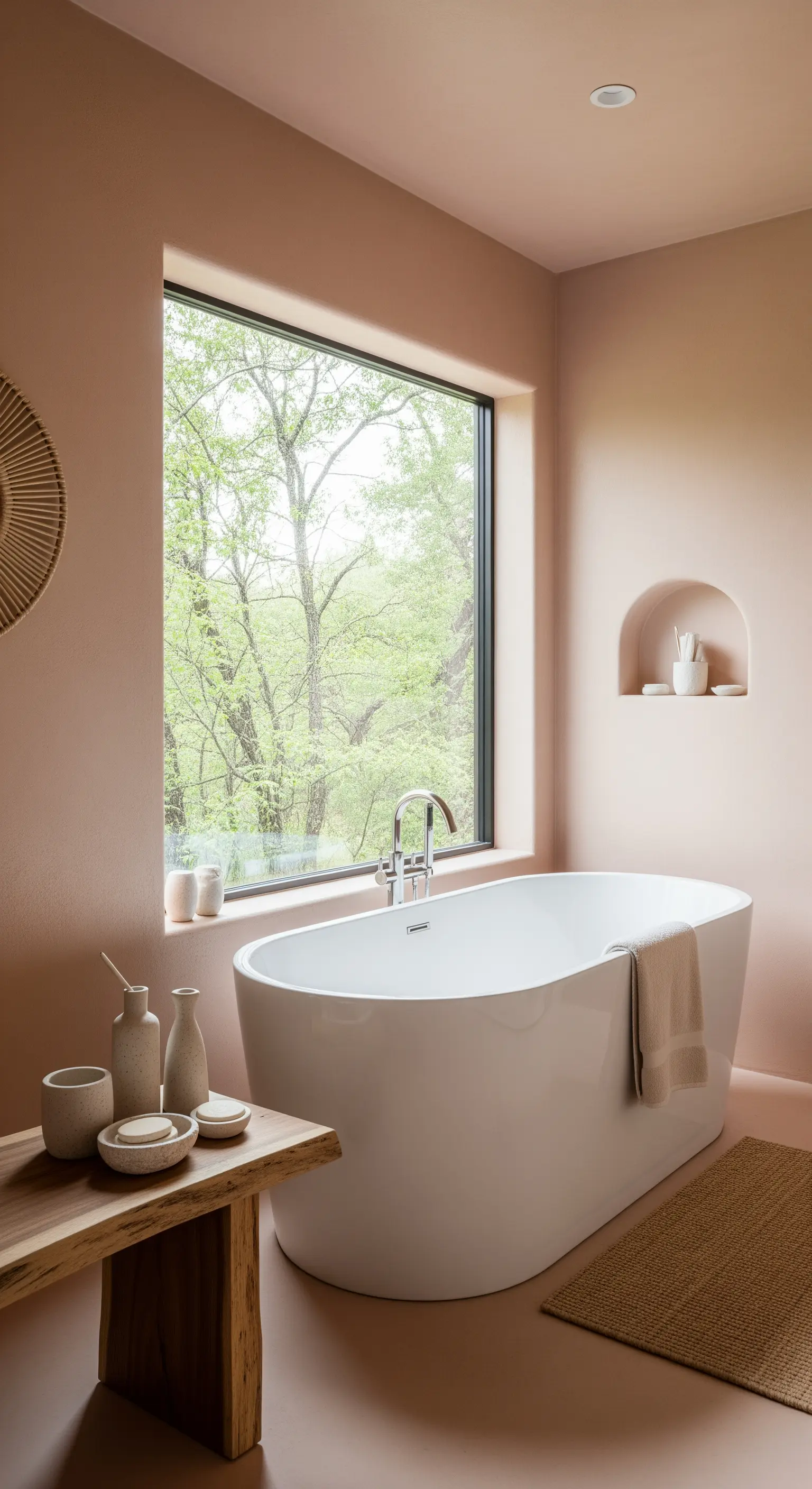 Bagno minimalista rosa polvere con una grande finestra sul verde e uno sgabello in legno grezzo.