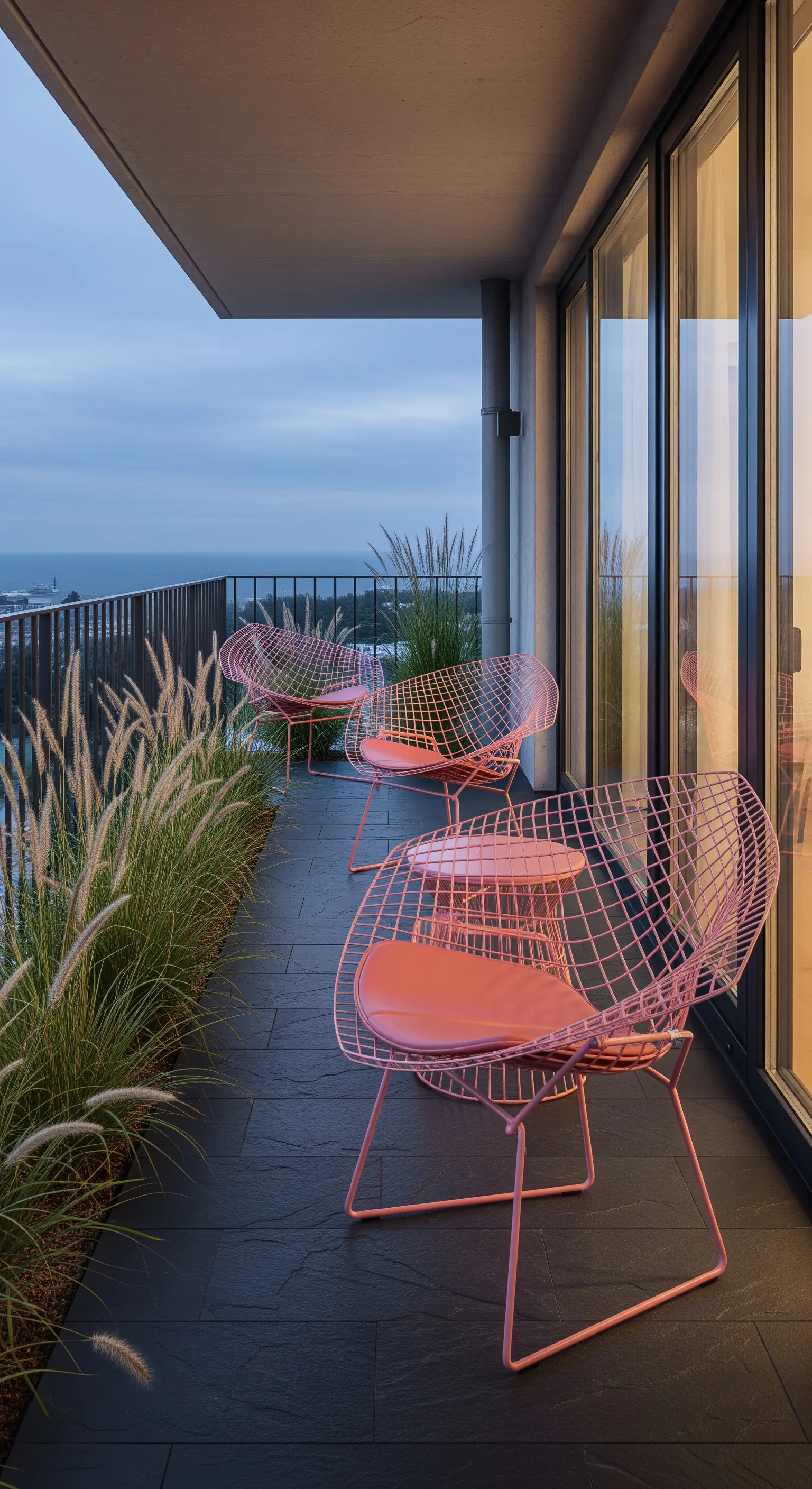Sedie a rete metallica rosa su un balcone moderno con pavimento scuro al crepuscolo.