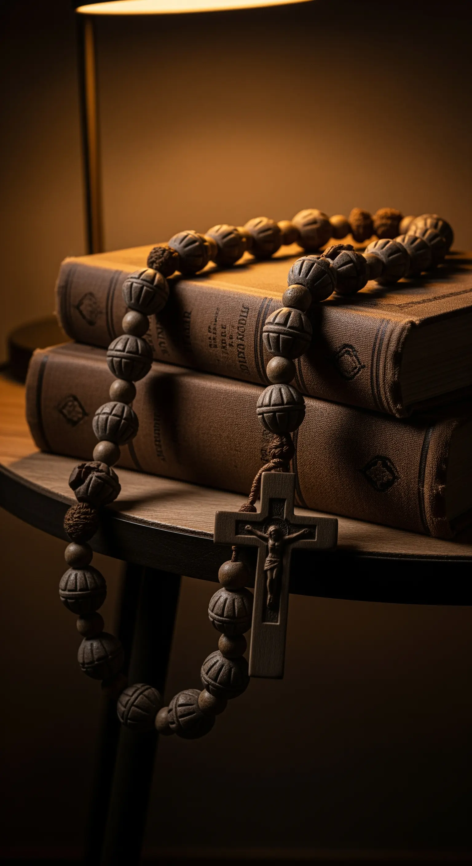 Rosario in legno scuro intagliato, appoggiato su una pila di libri antichi in una luce calda.