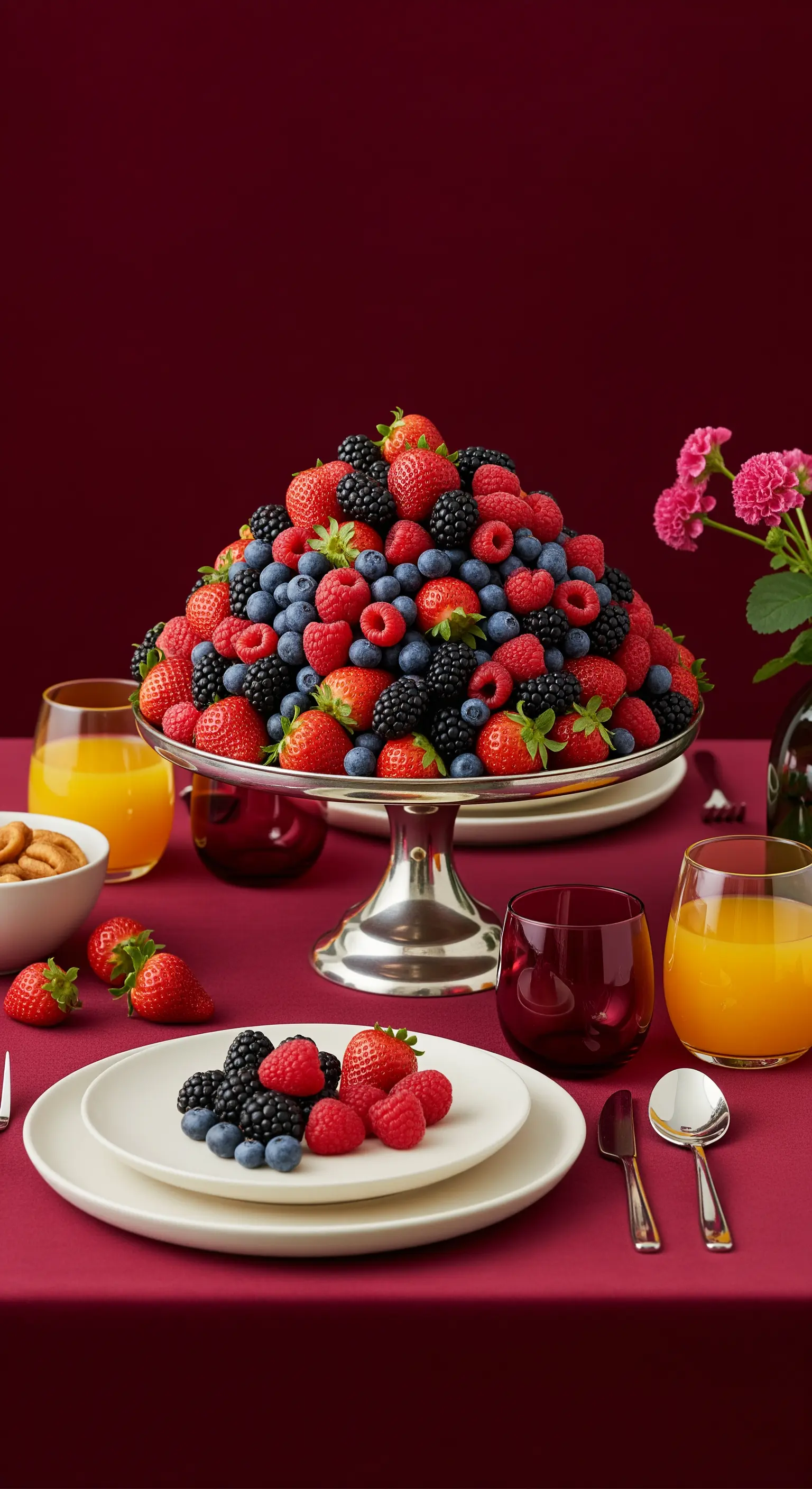 Alzatina d'argento colma di frutti di bosco su una tovaglia rossa.