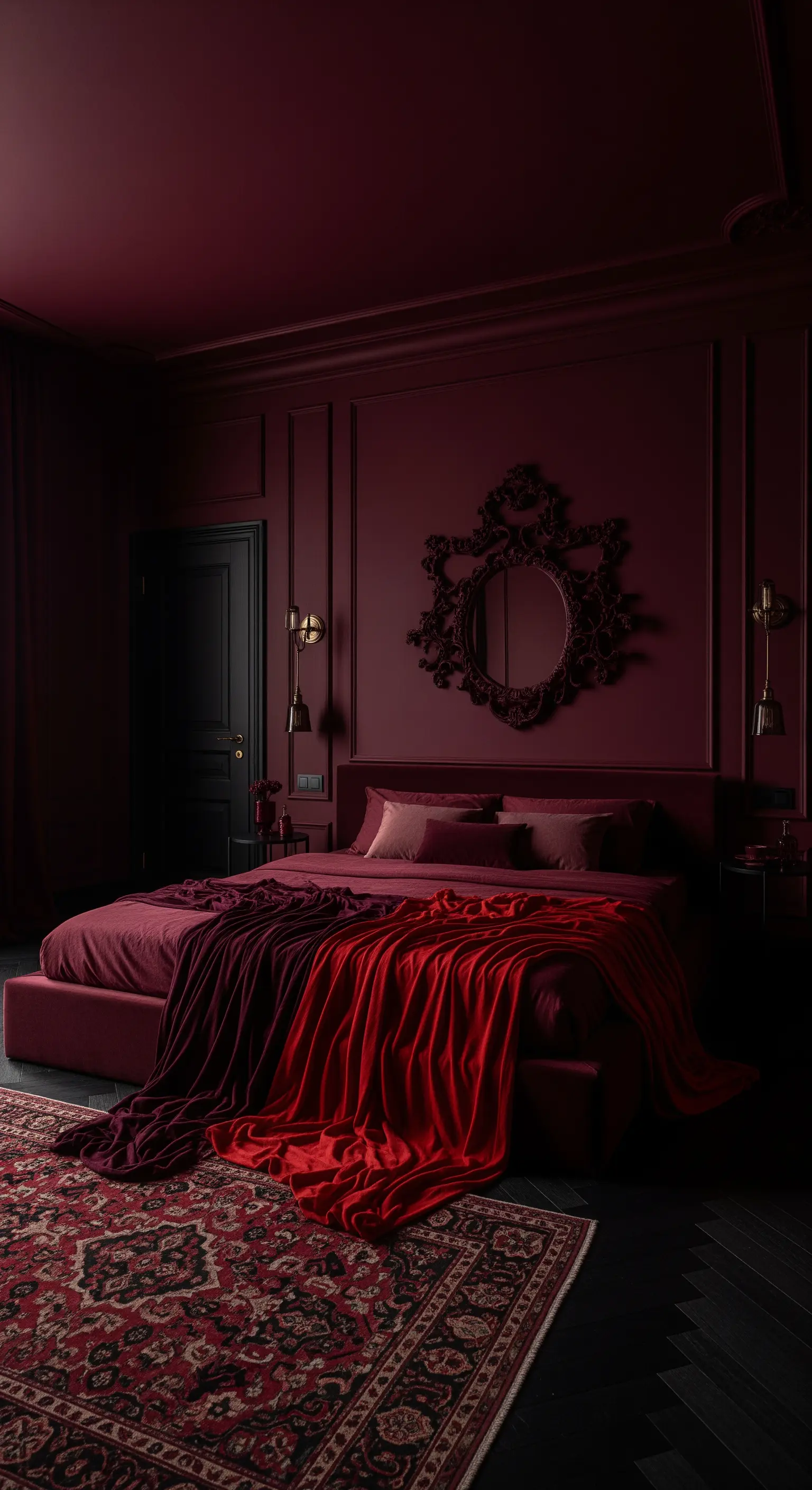 Camera da letto total red con pareti borgogna, letto in velluto e tappeto persiano.