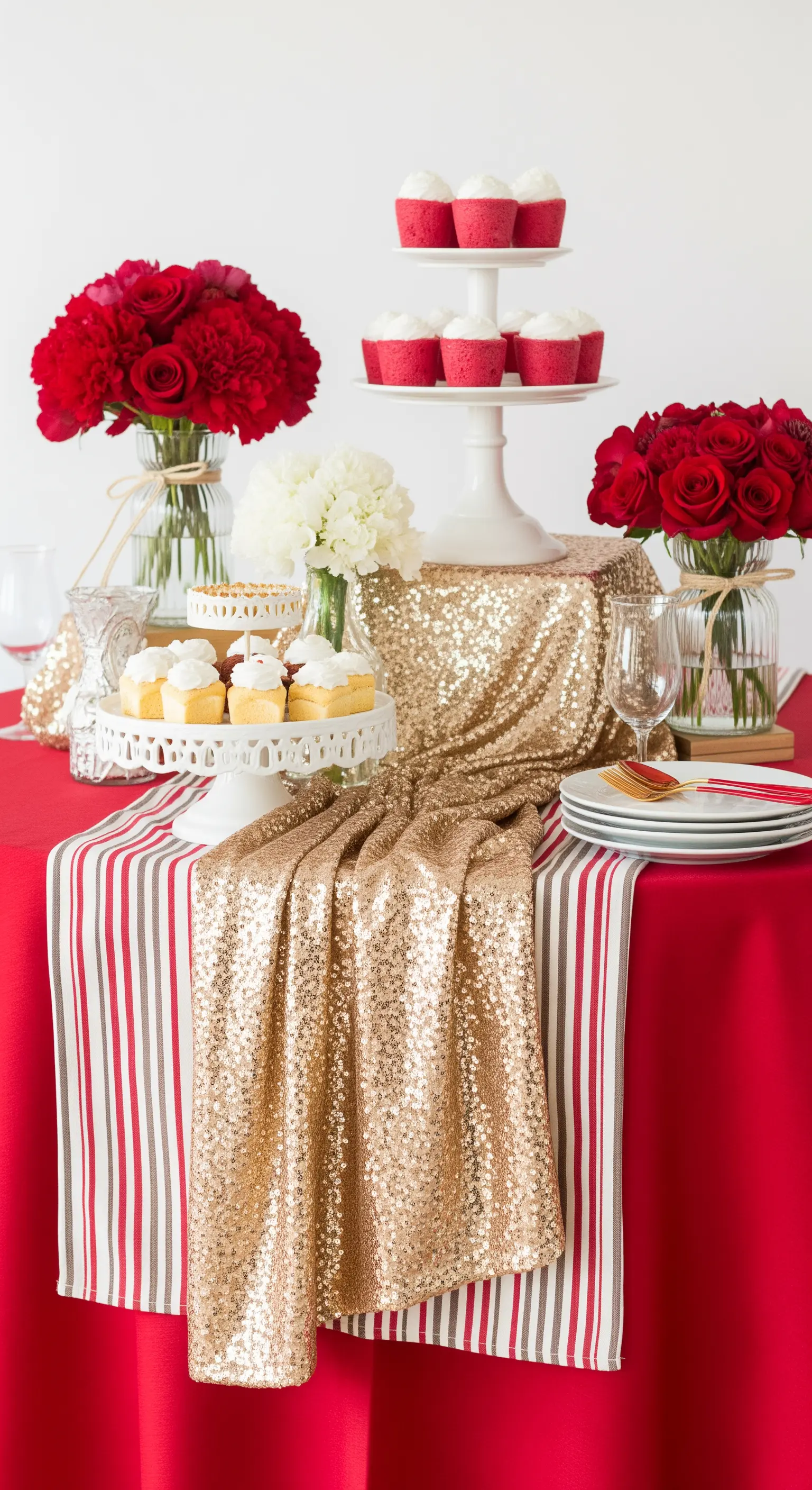Tavolo da buffet con tovaglia rossa, runner di paillettes dorate e alzate con dolci.