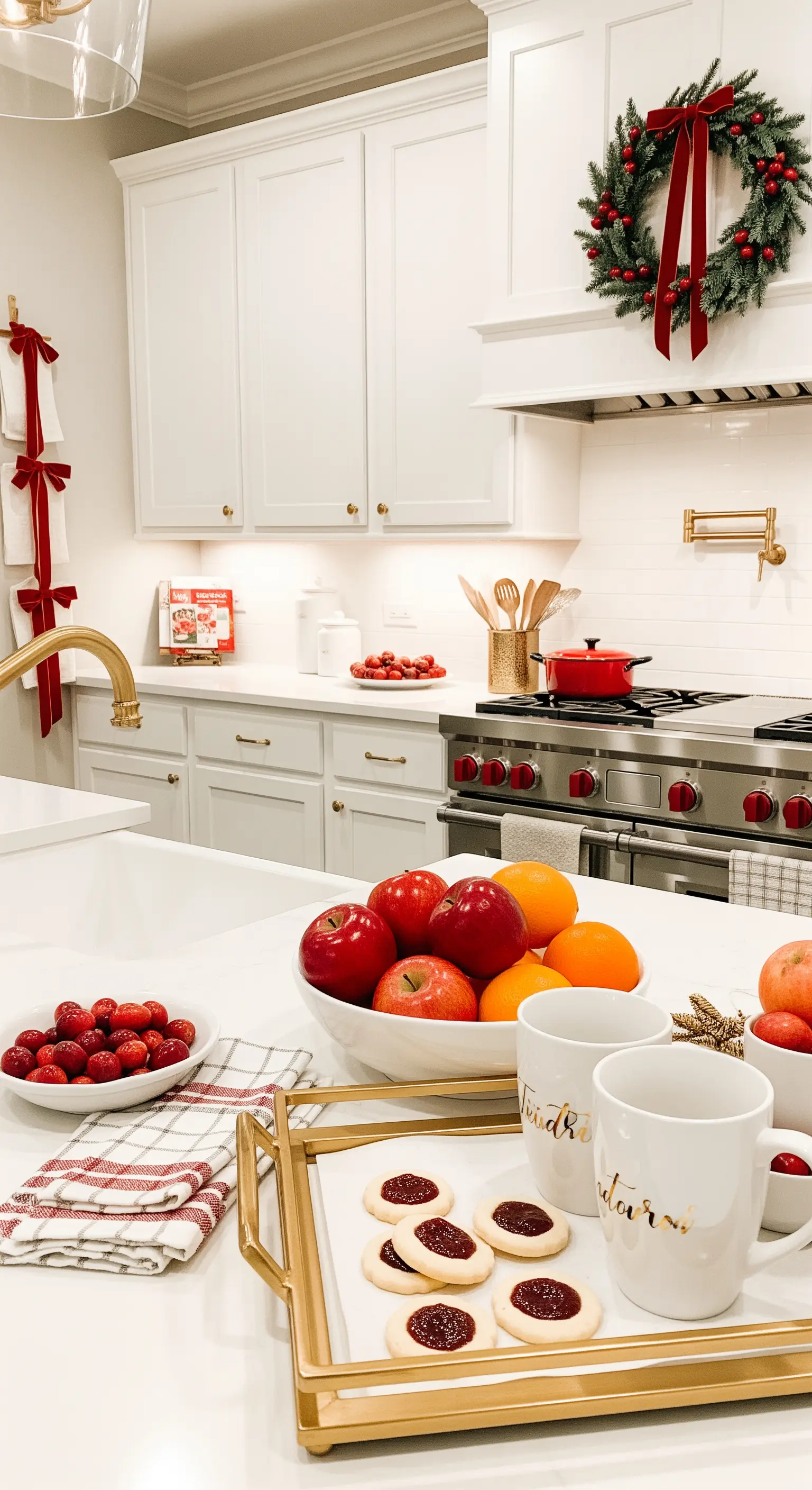 Cucina bianca con accenti rossi: una ghirlanda sulla cappa, una pentola rossa e un vassoio di biscotti.