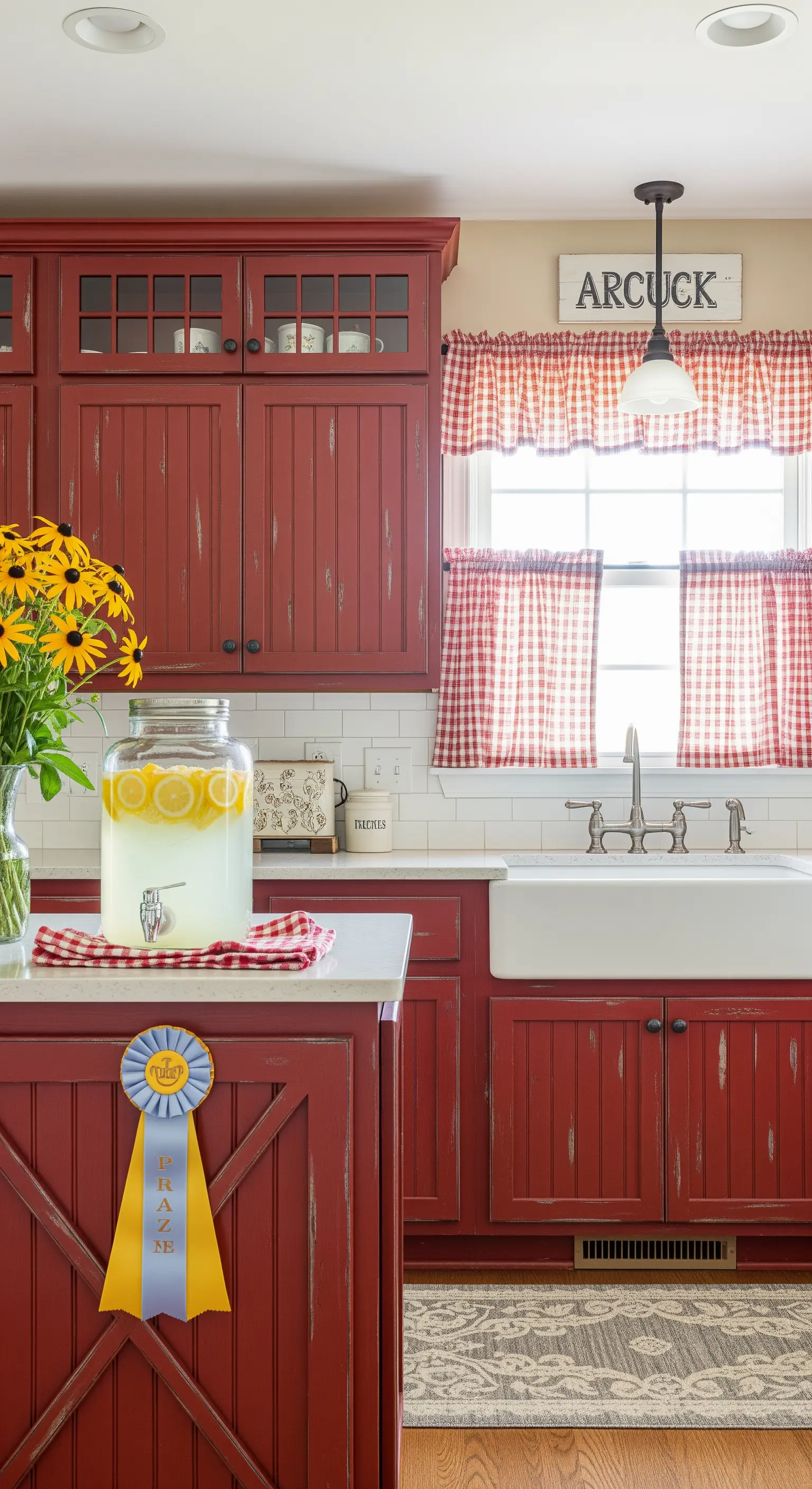 Cucina in stile country con mobili rossi decapati e tende a quadretti.