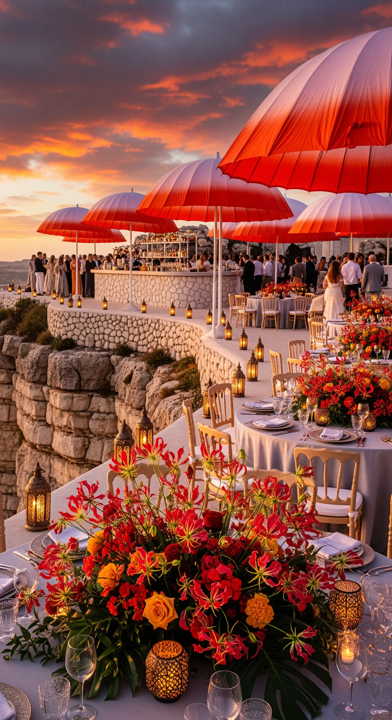 Terrazza sulla scogliera al tramonto con ombrelloni rossi, lanterne e fiori tropicali