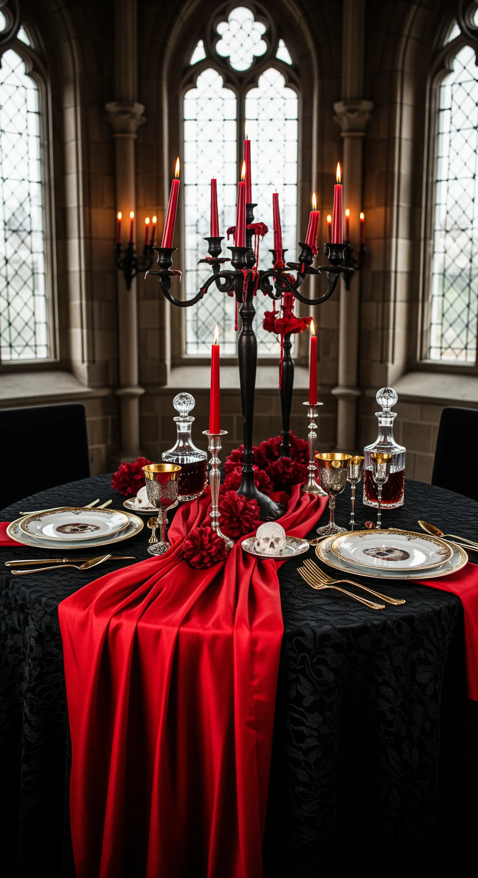 Allestimento gotico con tovaglia nera damascata, runner rosso e candele scarlatte.